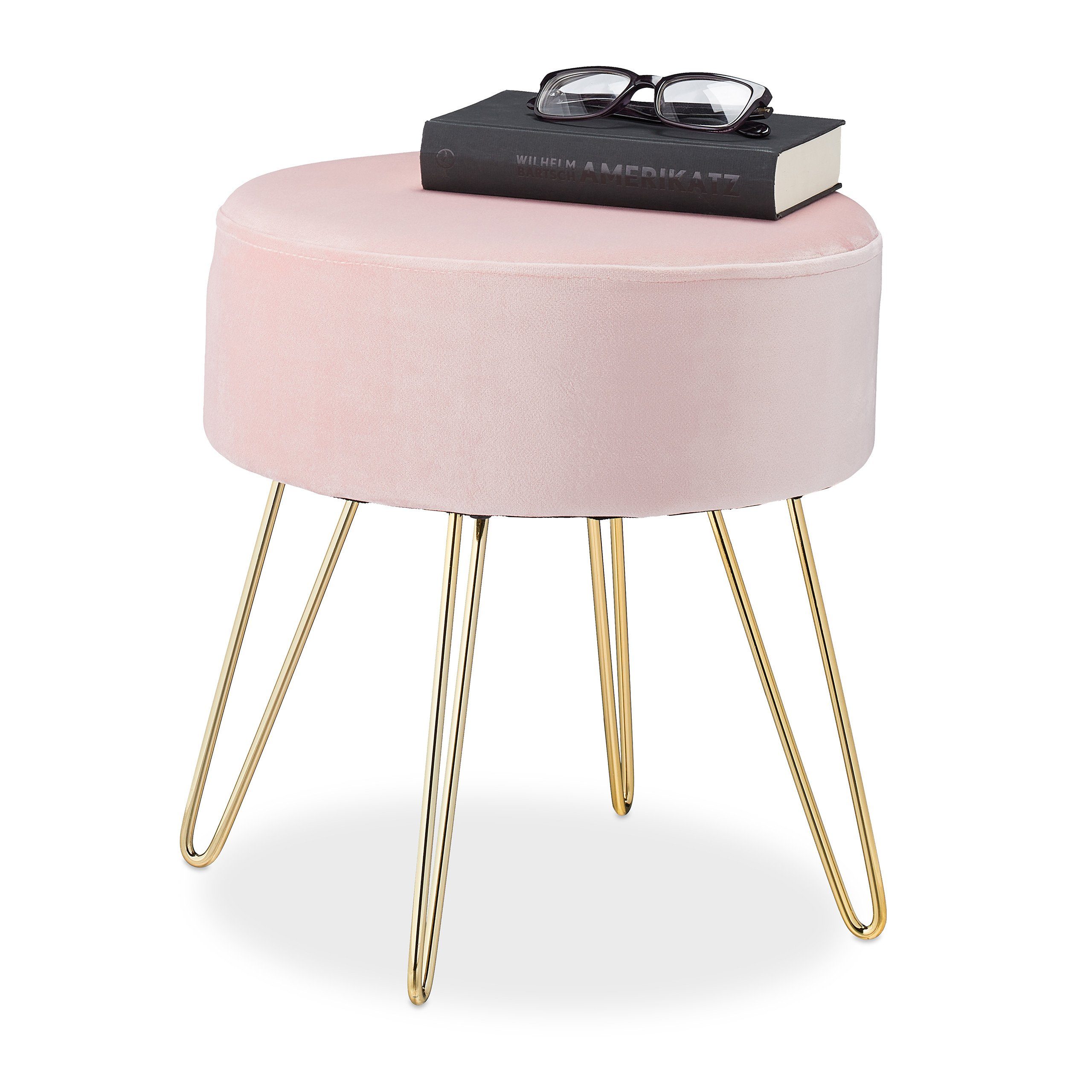 relaxdays Sitzhocker Samthocker mit Metallbeinen rosa (1 St)