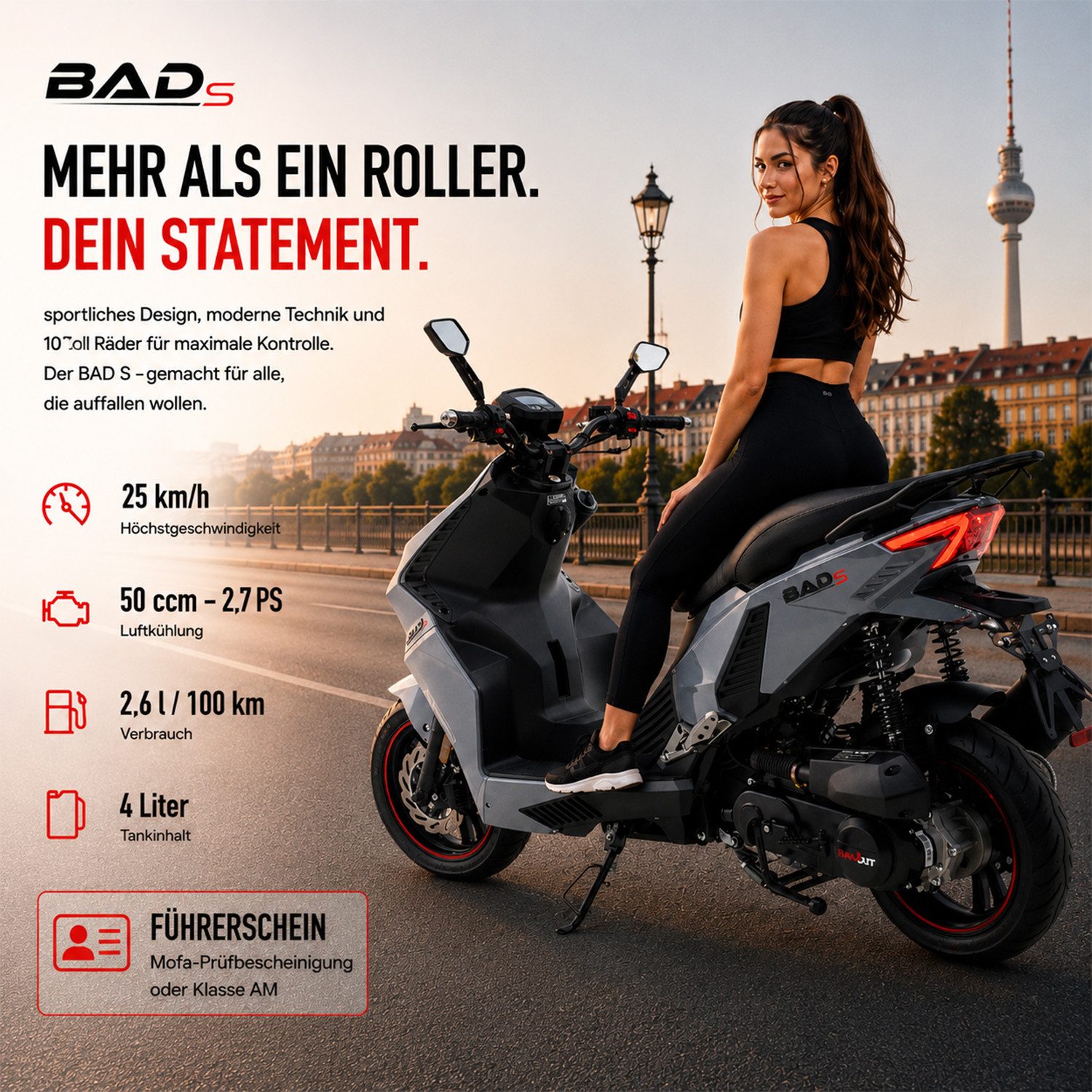 Burnout Motorroller BAD s Grau, 50 ccm, 25 km/h, Euro 5, Keyless-Go, Alarmanlage, LED-Beleuchtung