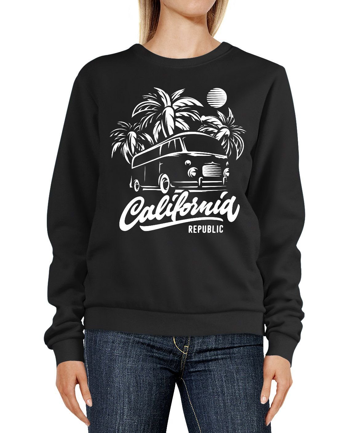 Sweatshirt Pulli Rundhals-Pullover Urlaub Surf Schriftzug Damen Abenteuer Palmen Sweatshirt Neverless® Bus Sweater Neverless California