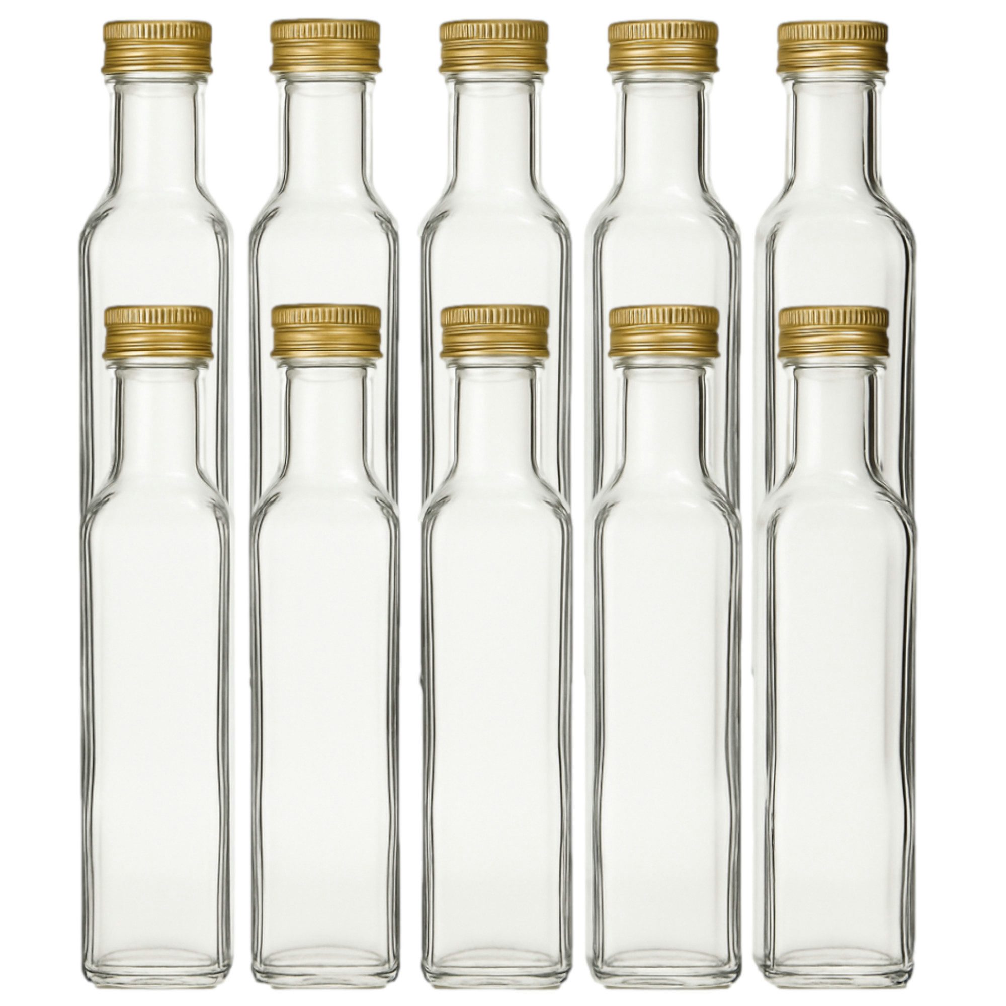 gouveo Trinkflasche Glasflaschen 250 ml Maraska mit Schraub-Deckel - Leere Likörflasche, 10er Set, goldfarben