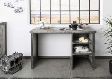 Massivmoebel24 Schreibtisch HEAVY INDUSTRY (Schreibtisch im stylischen Loft Stil, Zusammenspiel aus Metall und Holz, in grau lackiert 122x52x76 Mango montiert), industrial-Stil;Loft-Stil;auffälliges Design;
