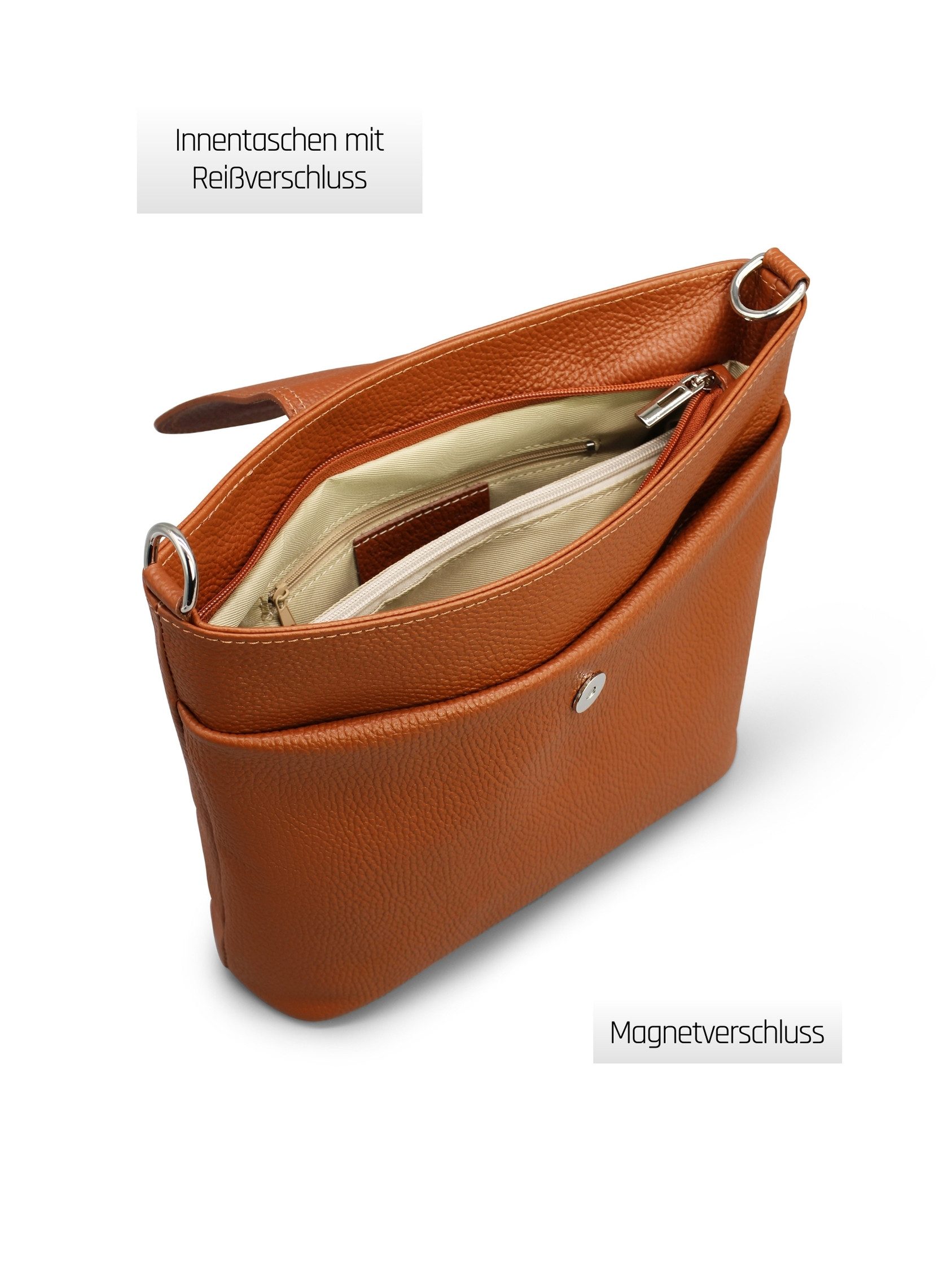 Adel Bags Schultertasche SARA Umhängetasche für Damen, Schultertasche aus Echtleder (Test SEHR GUT, Note 1.1), 20 Farboptionen, Hergestellt in Italien, mit 2 Riemen