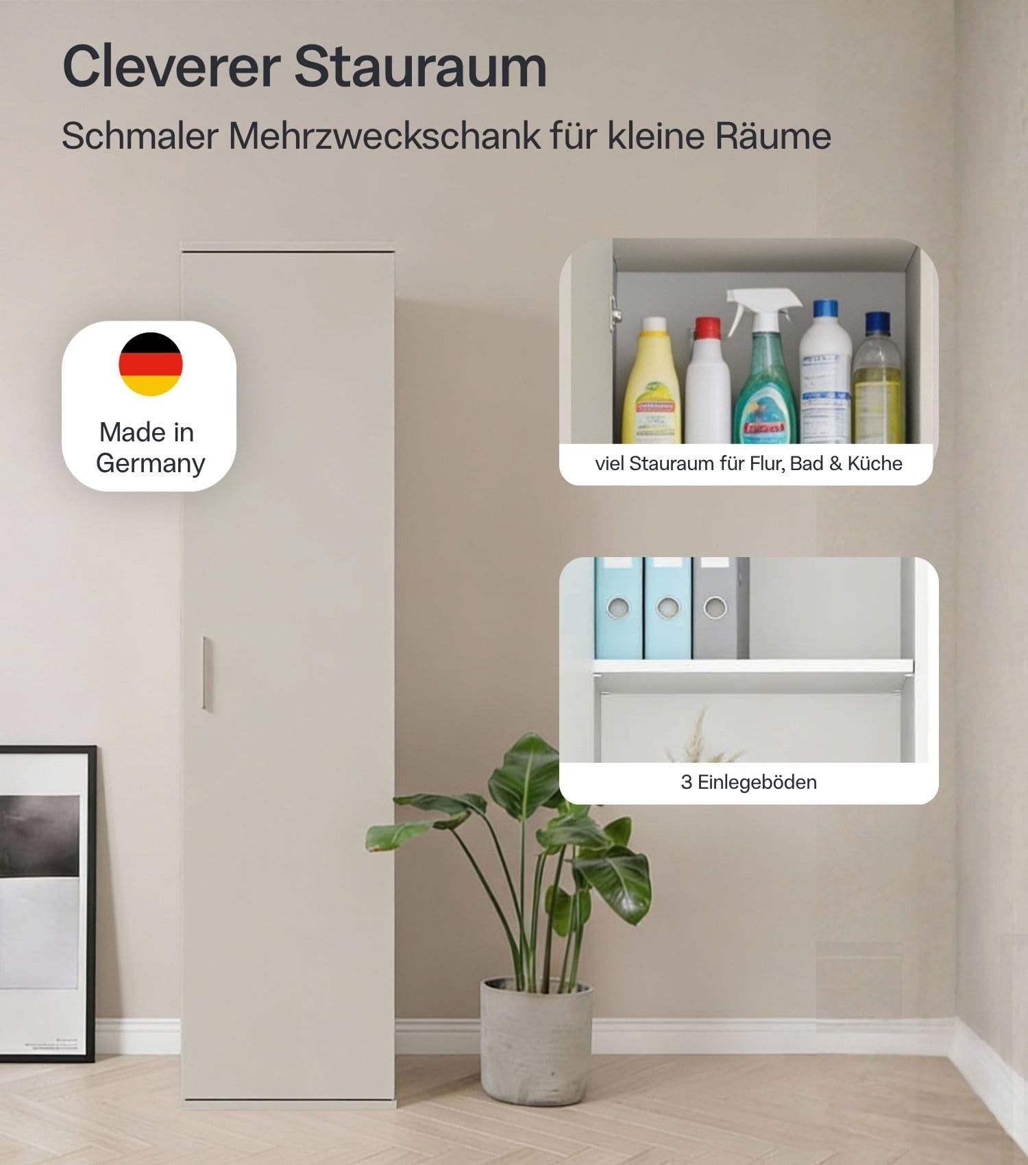 mokebo Mehrzweckschrank Der Kompakte schmaler Schrank Besenschrank (42cm breit) Made in Germany, Vorratsschrank, Flurschrank Beige Kaschmir – Bild 2 von 5