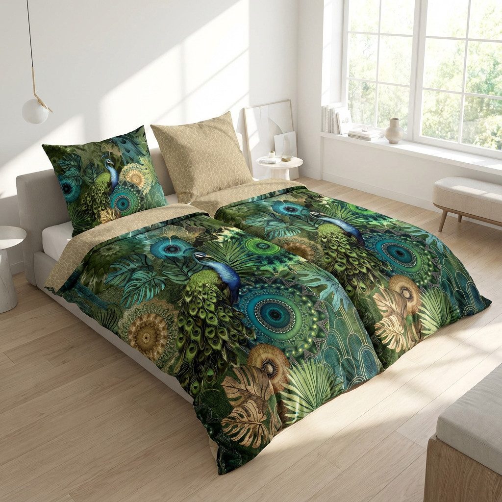 hip Bettwäsche Baumwolle, Renforcé, 2 teilig, Mandalas mit Pfau und Pflanzen, grün, natur