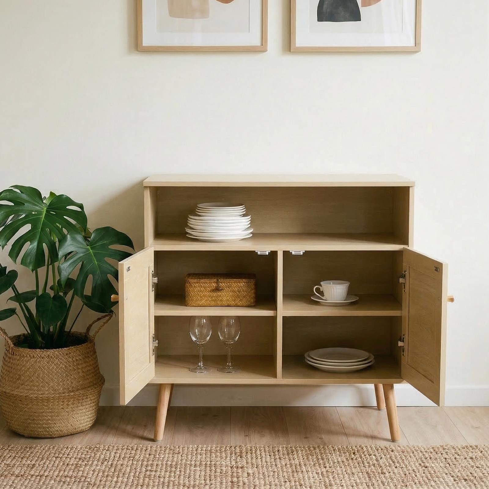 IDIMEX Kommode NORICA, Sideboard mit Rattanoptik und Holzfüßen- Eichefarben