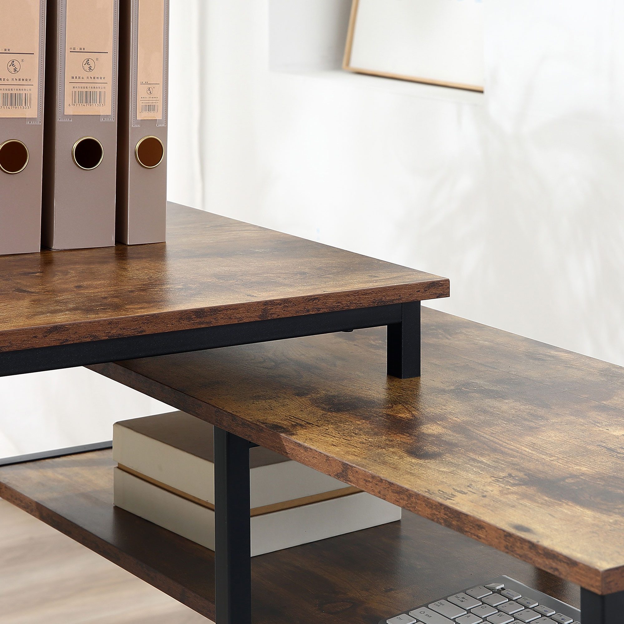 MC Star Eckschreibtisch L-Form PC-Tisch mit Regal und Schublade 135x90x79cm rustikales (Braun Spanplatte Metall für Büro & Home Office)