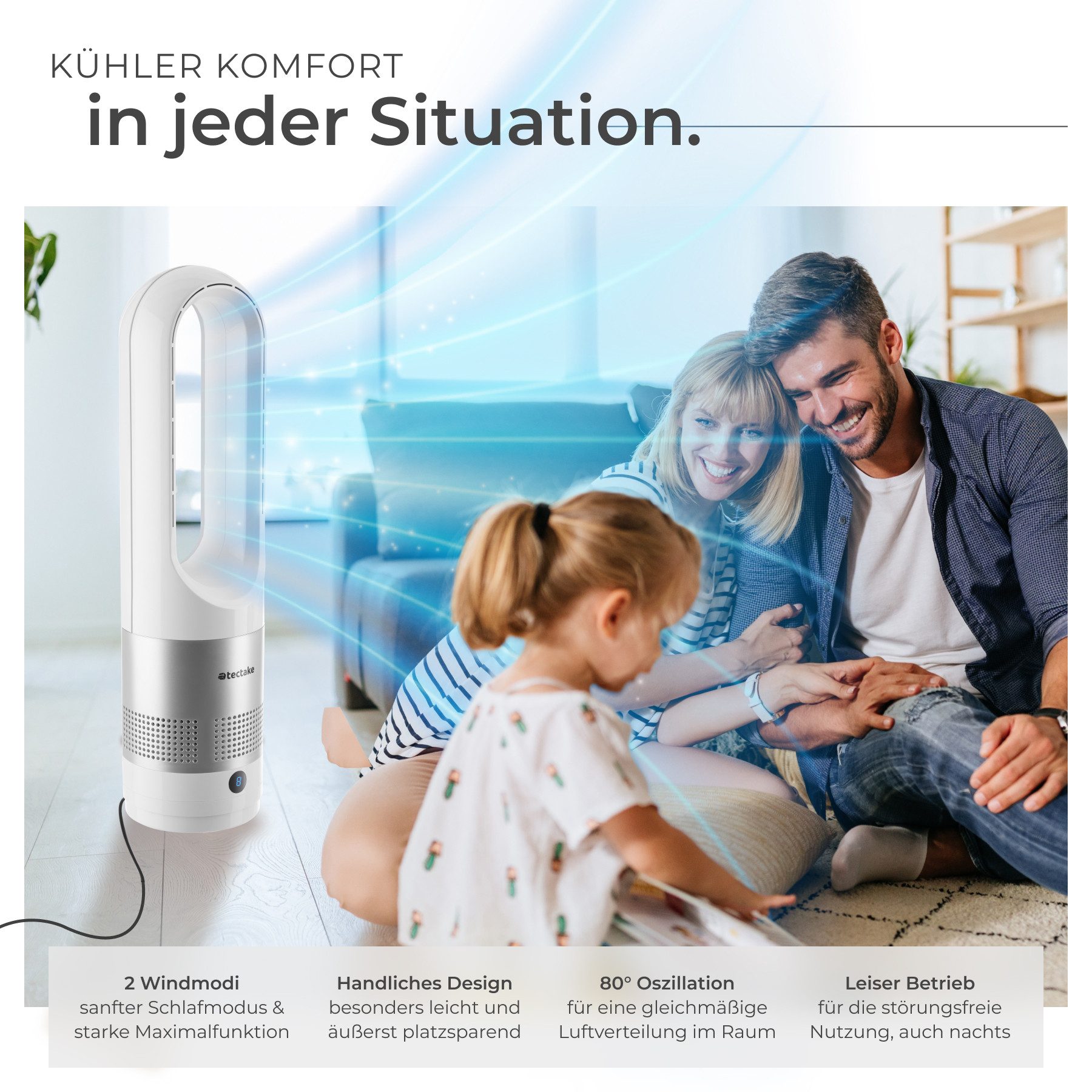 tectake Turmventilator Standlüfter Polar in weiß, 14,5 x 55,5 cm, Inkl. Fernbedienung, 80° Oszillation, 20 W, Schlafmodus, mit Timer-Funktion, LED-Bedienfeld