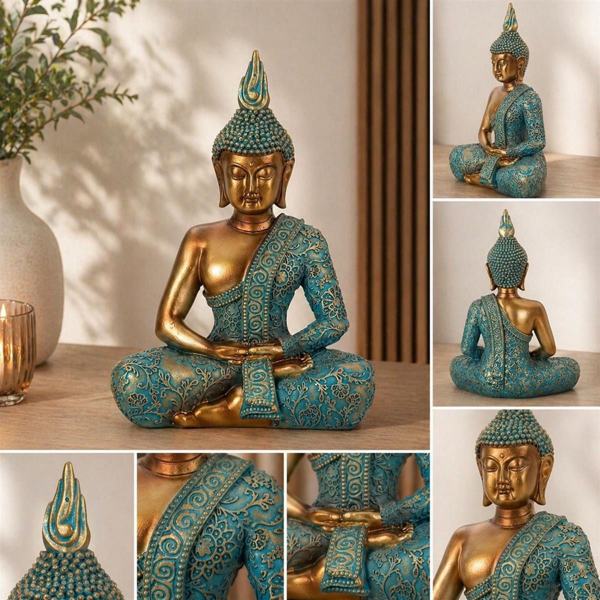Geschenkestadl Buddhafigur Buddha Figur 25cm gold türkis – Deko Meditation Ruhe Ausgleich sitzend (sitzend), Yoga, Meditation – Bild 4 von 4