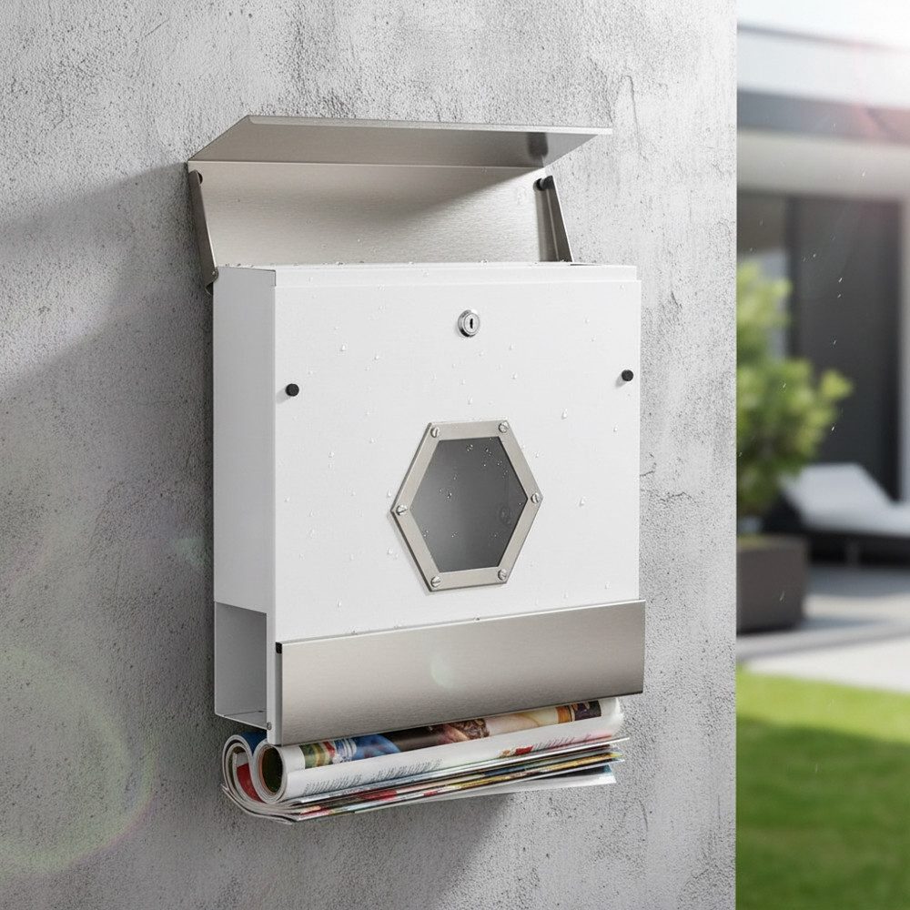 Mucola Wandbriefkasten Briefkasten Wandbriefkasten Edelstahl Zeitungsfach Design Modern (Stück, 1-St., Premium-Briefkasten), Schutzklappe lässt Regen abfließen