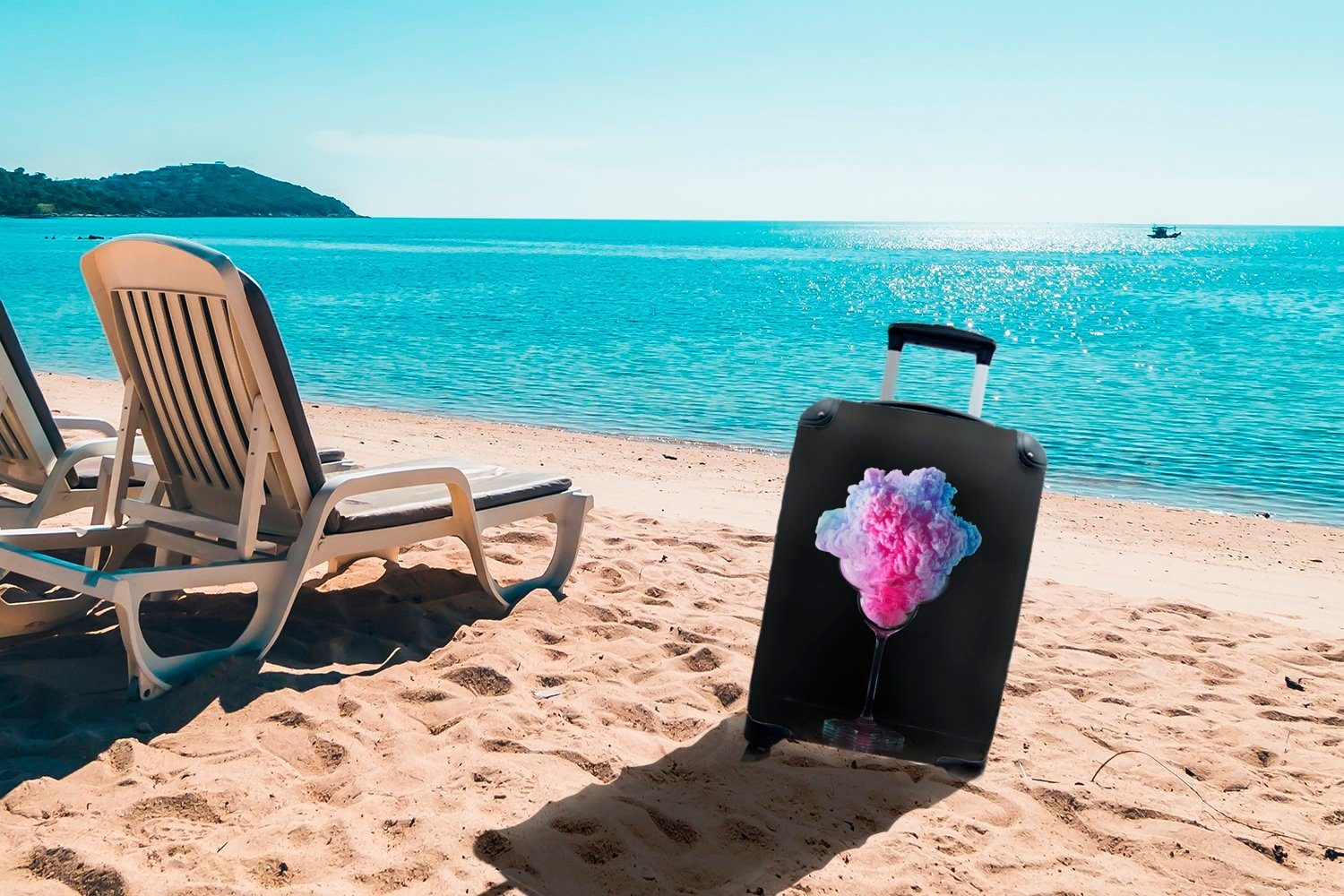 Glas MuchoWow Trolley, Hintergrund, 4 Rollen, Handgepäck einem aus Ferien, Reisekoffer für rollen, Reisetasche auf mit Farben schwarzem Handgepäckkoffer Leuchtende