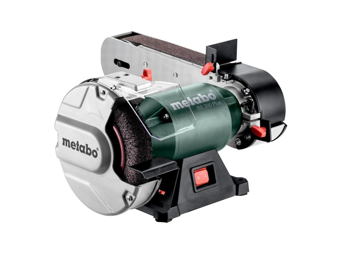 metabo Bandschleifer Metabo Bandschleifmaschine BS 200 Plus, max. 2980 U/min, (Set, 6 tlg), inkl. Schleifscheibe, Gewebeschleifban und Funkenschutzgläser