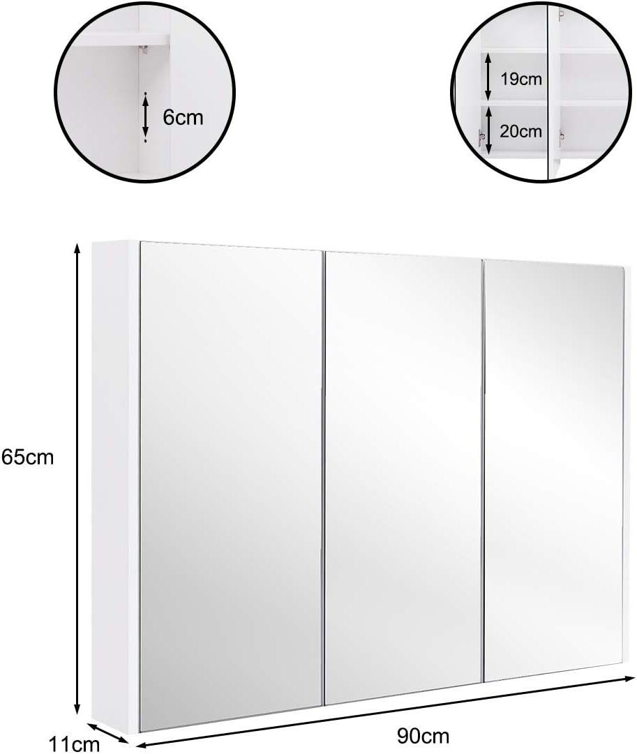 KOMFOTTEU Spiegelschrank mit 3 Türen mit x cm Spiegel, 65 x 90 11