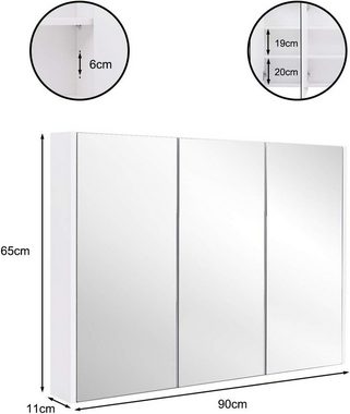 KOMFOTTEU Spiegelschrank Badezimmerschrank mit 3 Türen, 65 x 11 x 90 cm