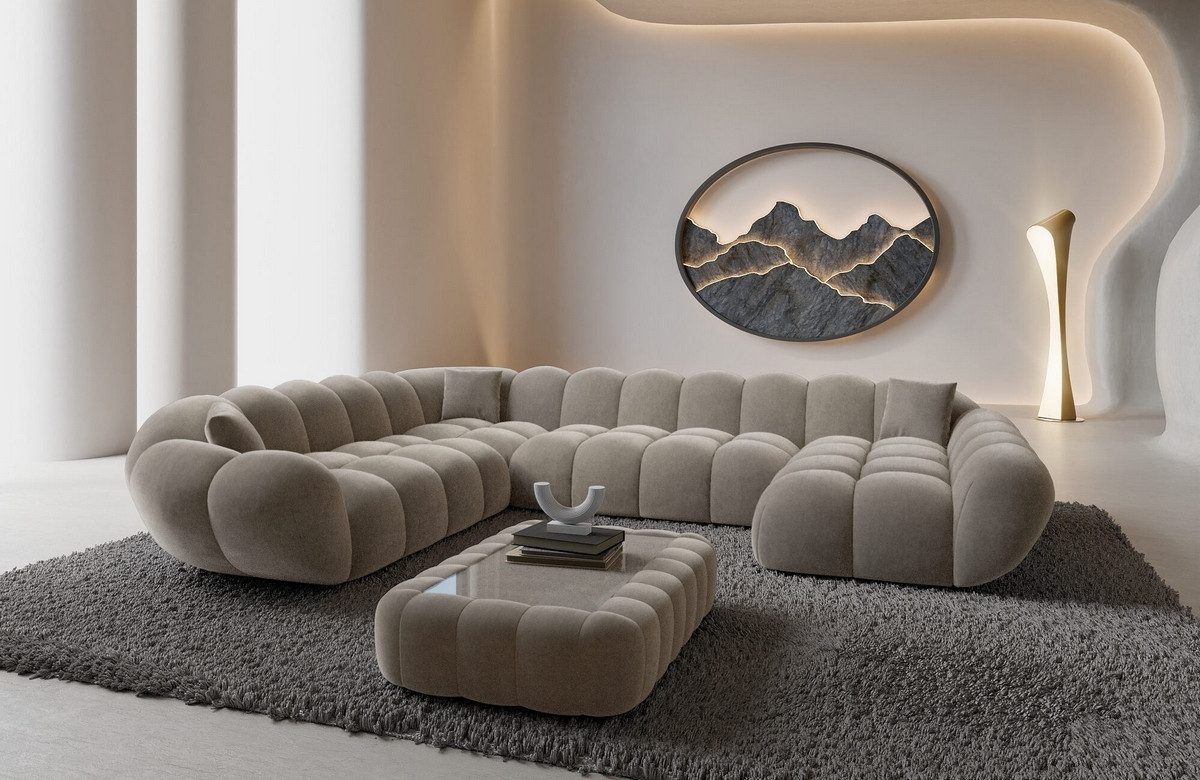 Sofa Dreams Wohnlandschaft Maleron XXL Polster Couch, Stoffsofa, 6-Sitzer, Ottomane rechts, Samtstoff in Sand