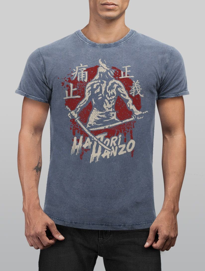 Schriftzug Schriftzeichen blau Hattori Vintage mit Neverless Look Shirt Samurai Hanzo japanische Print-Shirt Used Herren Print Schwert Neverless®