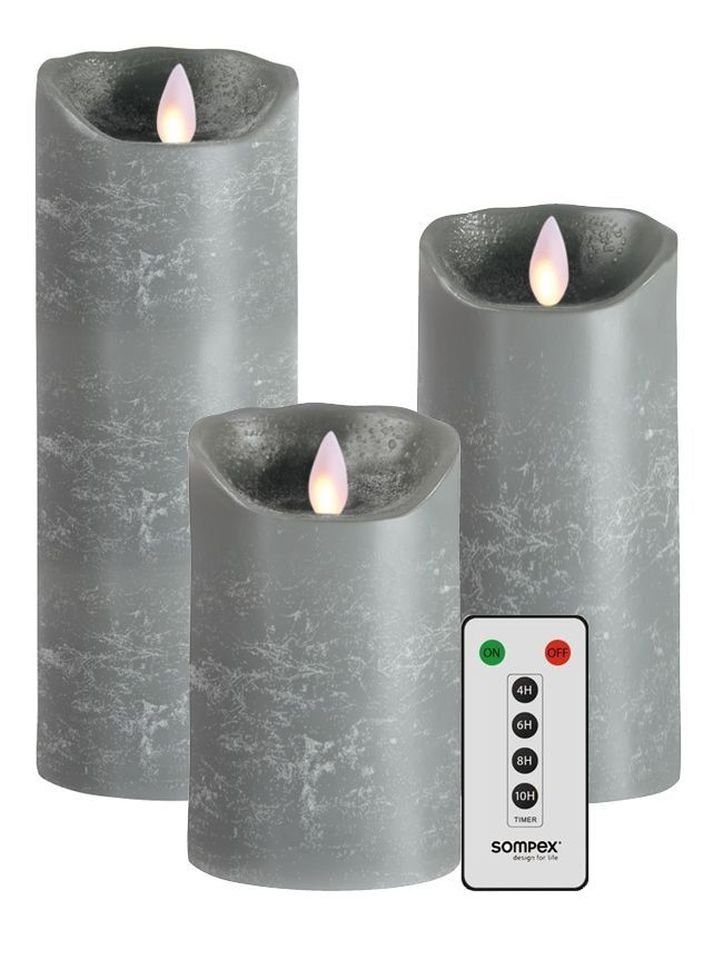 SOMPEX LED-Kerze 3er Set LED Kerzen grau 12,5/18/23cm (Set, 4-tlg., 3 Kerzen, Höhe 12,5/18/23cm (je 8cm 1 Fernbedienung), fernbedienbar, integrierter Timer, täuschend echtes Kerzenlicht