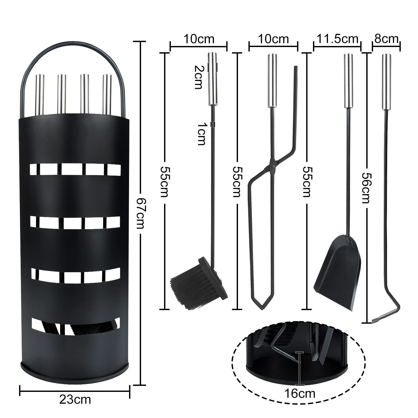 FIVMEN Kamingarnitur 5 teilig Kaminzubehör Edelstahl Kaminofen Kaminbesteck, mit Standfuß, Besen, Zange, Schürhaken, Ascheschaufel, Silber/Schwarz