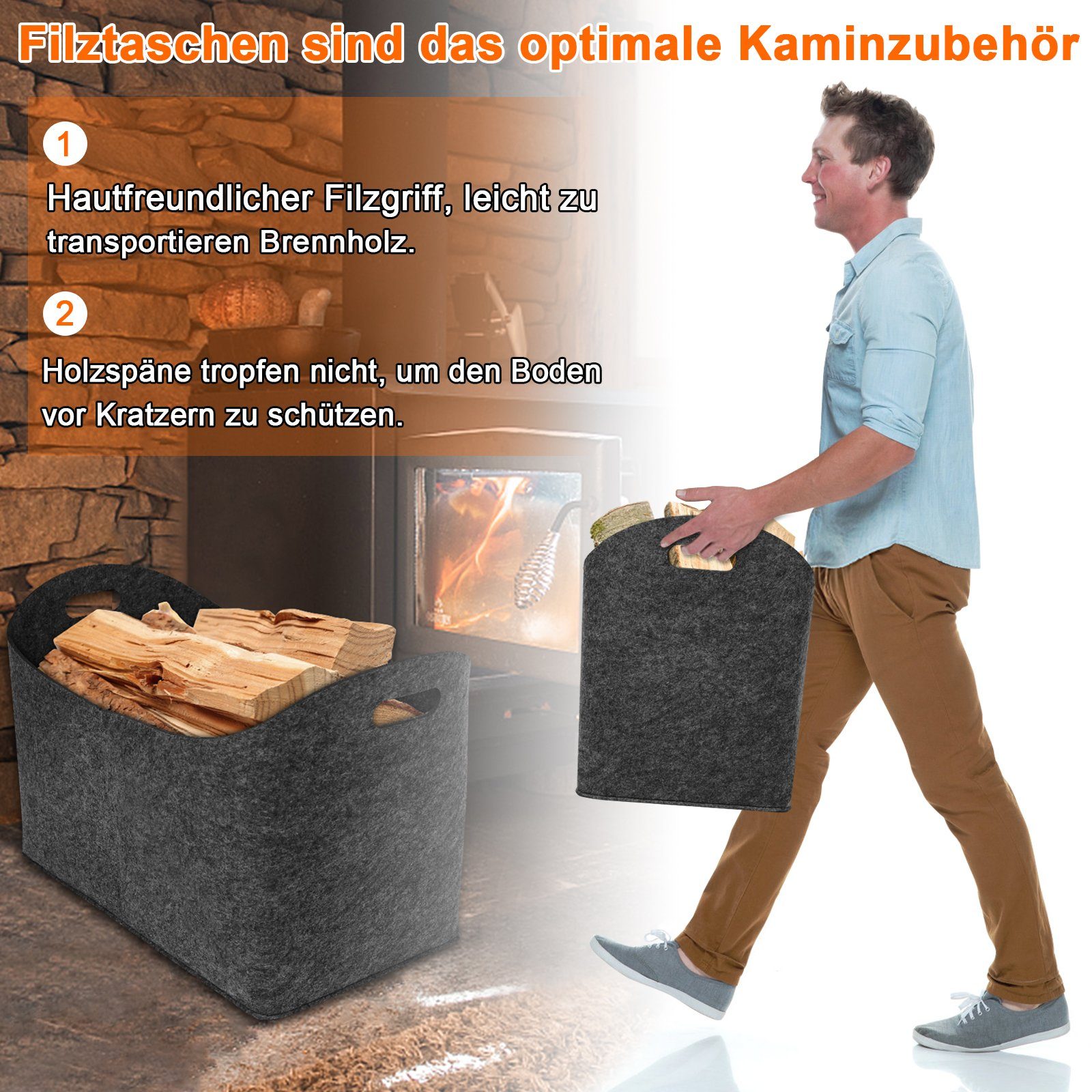 Kaminholztasche mit UISEBRT Holzkorb, aus Filz Griffen Dunkelgrau Kaminholzkorb