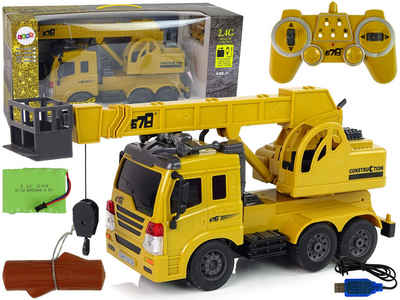 LEAN Toys Spielzeug-Auto Ferngesteuert LKW Kran Baustelle Bauwagen lichter Sound Spielzeug