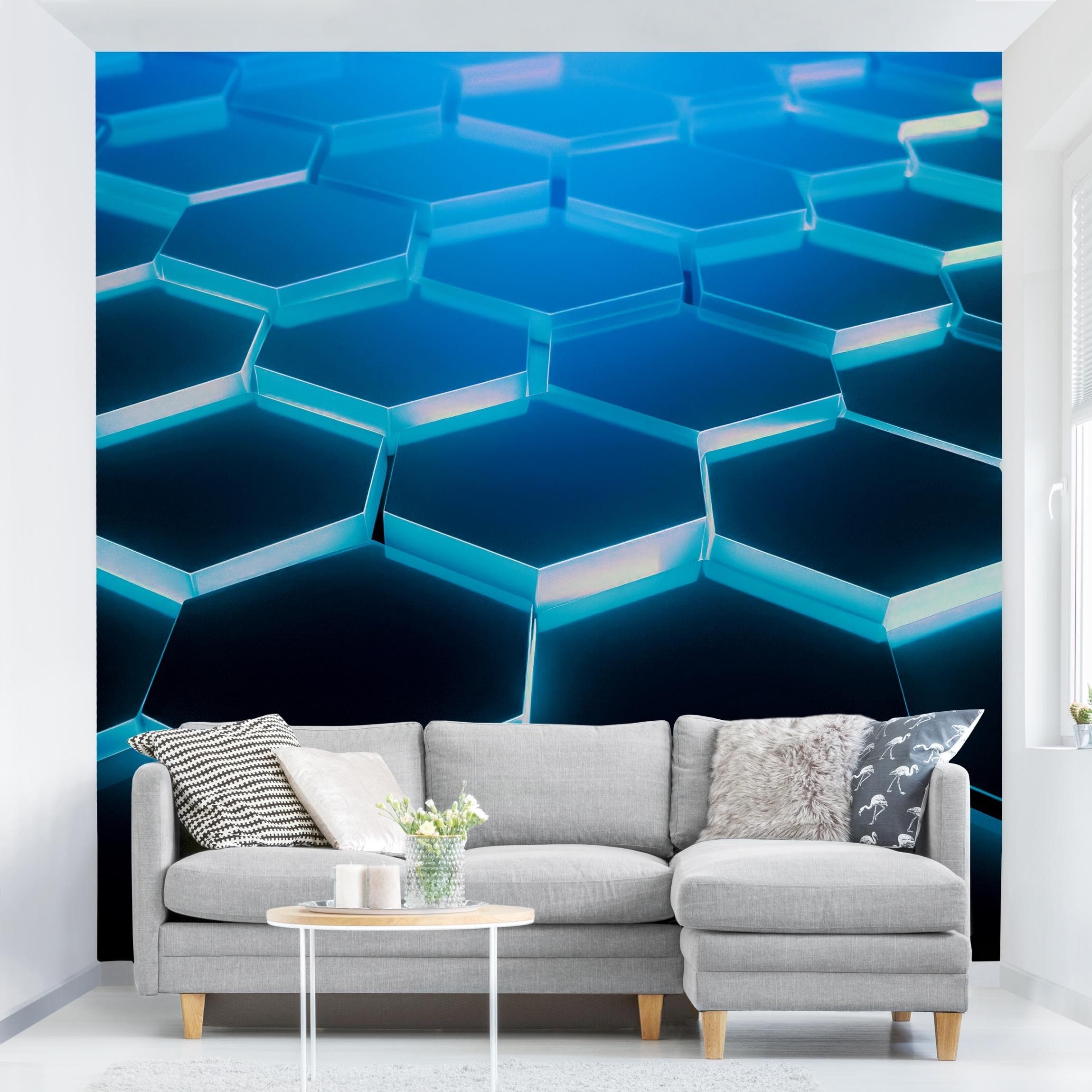 Bilderdepot24 3D-Tapete Hexagone Neonlicht Türkis 3D-Effekt, Glatt, Matt, (Vliestapete inkl. Kleister oder selbstklebend), Jugendzimmer Gaming Zimmer Tapete Wohnzimmer Vliestapete Wandtapete