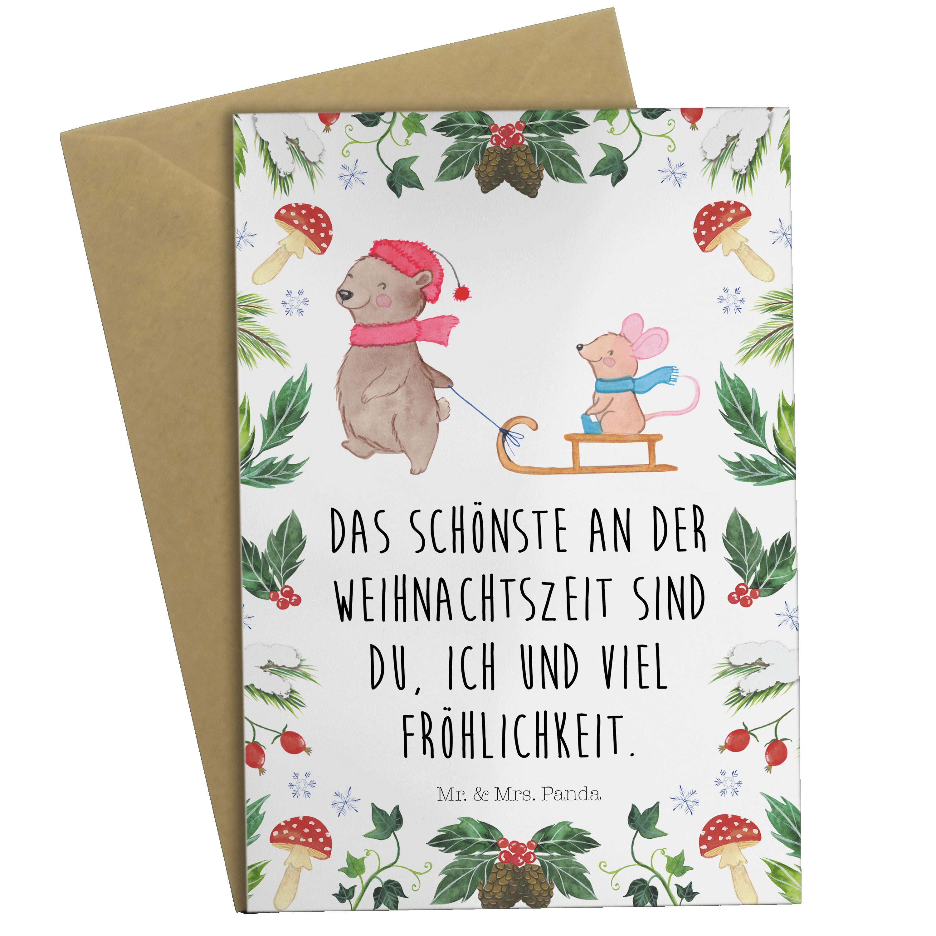 Mr. & Mrs. Glückwunschkarte, Panda Grußkarte Schlitten - Geschenk, Bär - Wintermotiv Weiß Maus