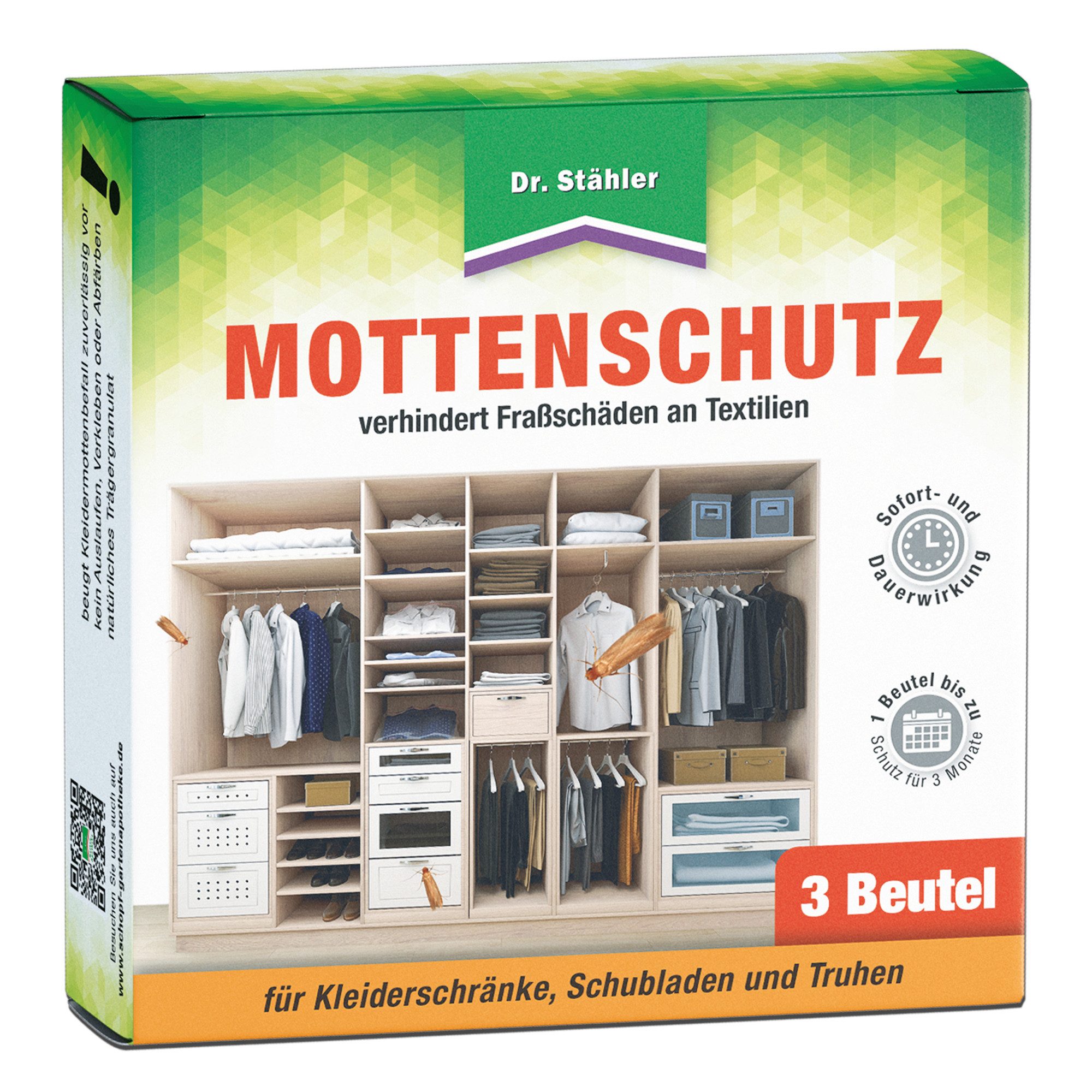 Dr. Stähler Insektenfalle Effektiver Mottenschutz: Duftbeutel gegen Fraßschäden an Kleidung, Fraßlöchern in Textilien und Wäsche, Mottenabwehr, 3er Set