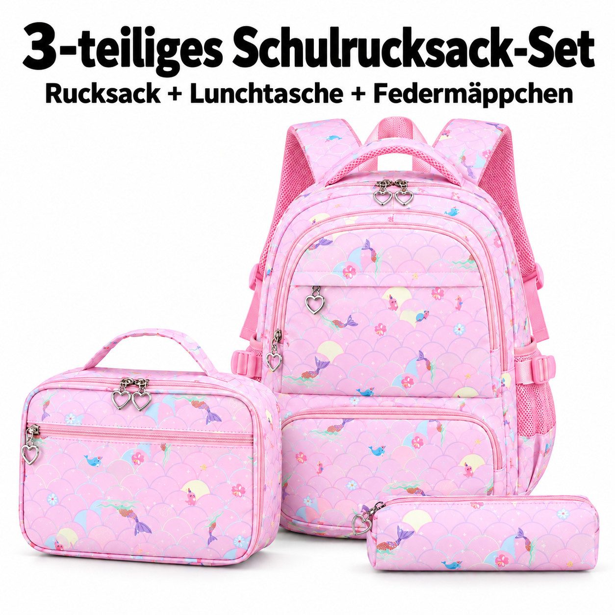 JASLIFE Schulrucksack für Kinder 3-teiliges Set mit Lunchtasche und Federmäppchen für Schule (Schulrucksack Set, 3-teiliges Set), Leicht, wasserabweisend, viel Stauraum – ideal für Schule & Freizeit