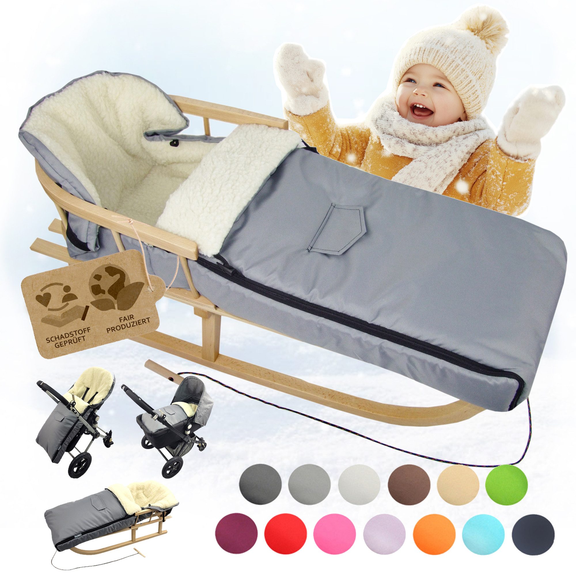 BambiniWelt by Rafael K. Санки CE-HOLZSCHLITTEN mit Rückenlehne Zugleine + WINTERFUßSACK Wolle 108cm (universaler Winterfußsack (108cm) + Деревянные санки (90cm), Kombi-Angebot