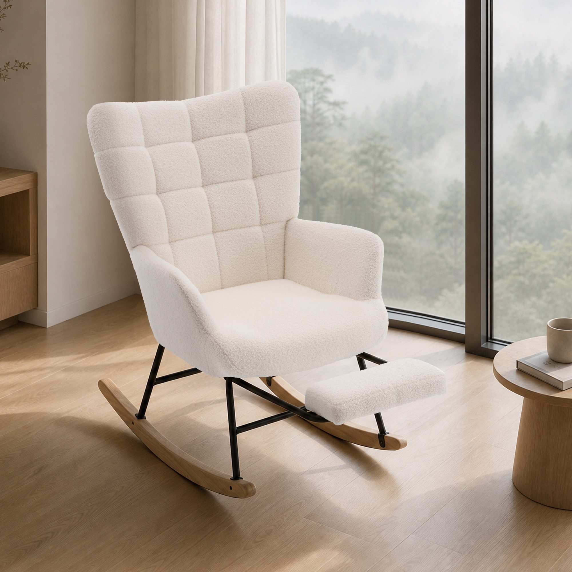 OKWISH Schaukelstuhl Relaxsessel mit Schaukelbewegung & Polsterung (Beige, 68×88×91 cm, für Wohnzimmer & Schlafzimmer, 1 St), ausziehbare Fußstütze, stabil, pflegeleicht