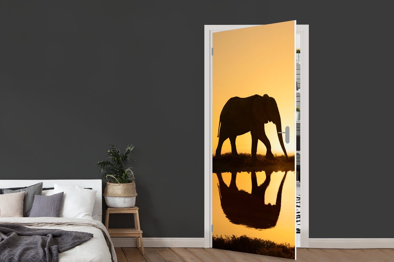 Fototapete 75x205 St), (1 bedruckt, bei MuchoWow eines Tür, Elefanten Sonnenuntergang, Matt, Silhouette Türtapete Türaufkleber, cm für