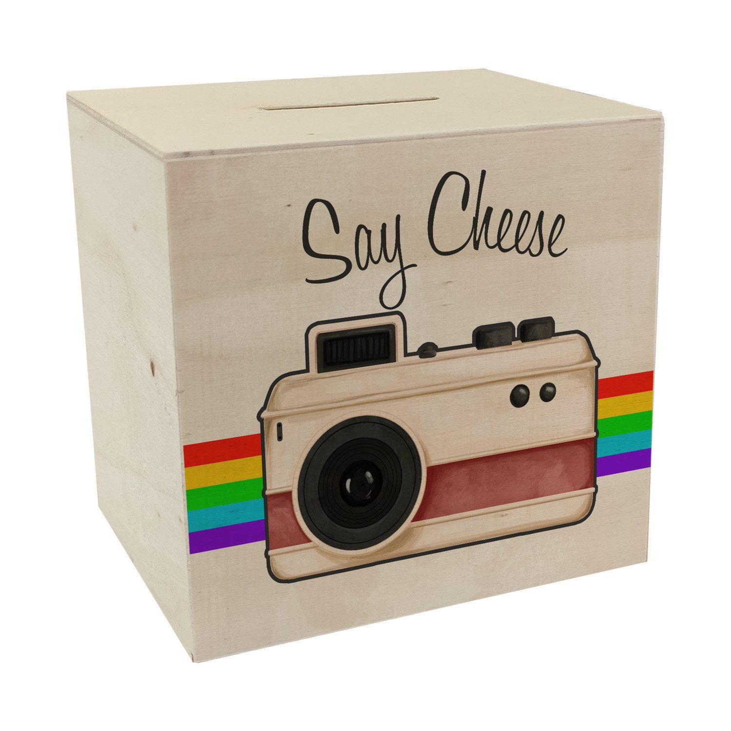 Spardose Say Cheese Spardose aus Holz mit Retro Kameramotiv