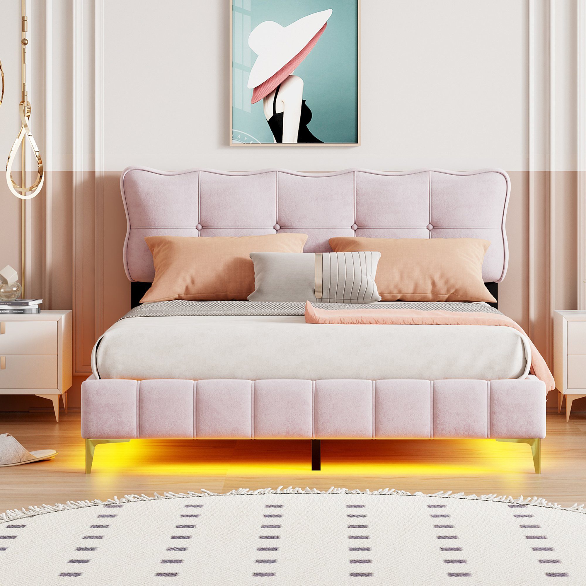 Polsterbett, LED Doppelbett mit gepolstertem Kopf- & Fußteil, Samtstoff, 160x200cm