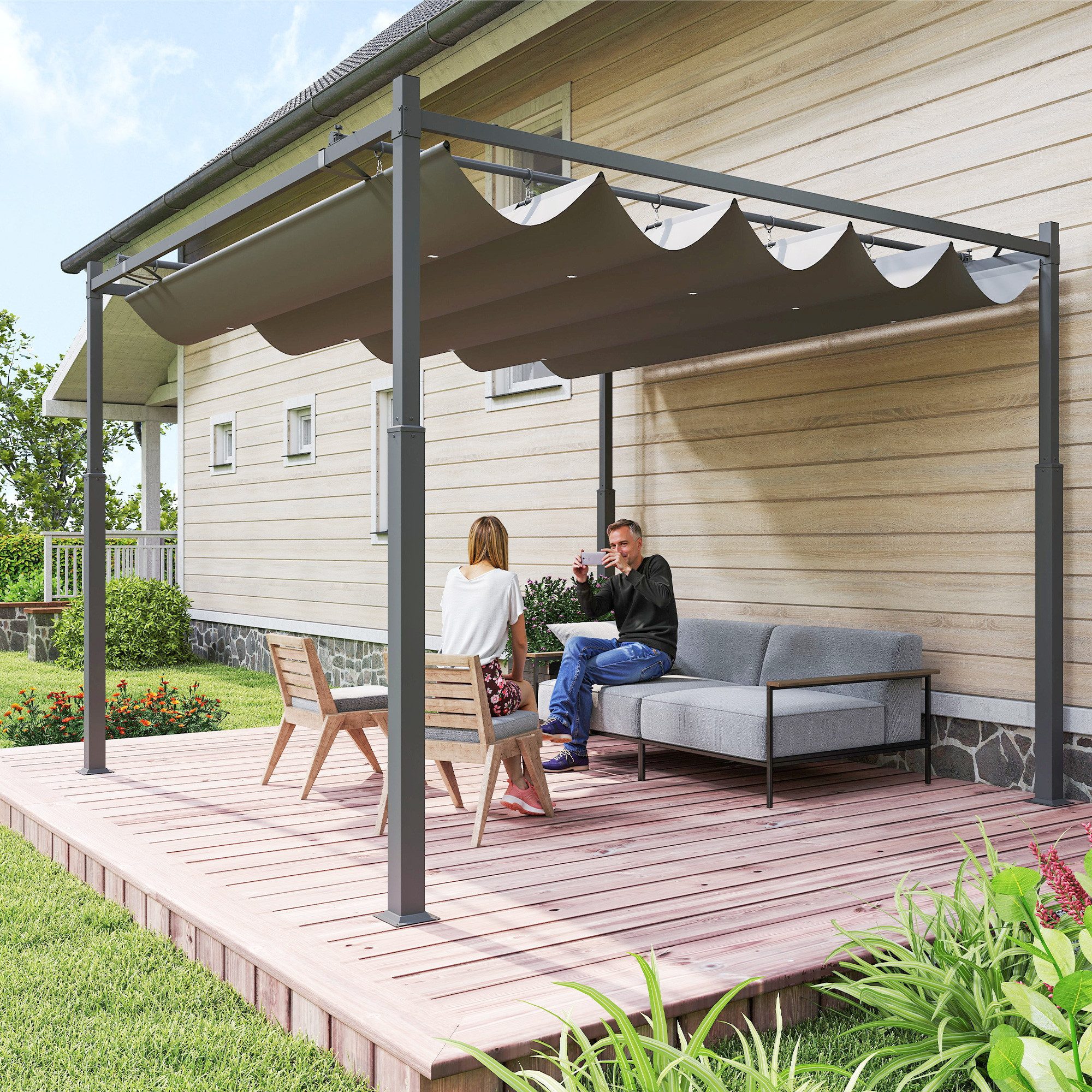 Outsunny Pergola mit Schiebedach, magnetisches Pad, 8 cm Säule, BxTxH: 298x298.0x230 cm, (UV-beständig Überdachung, 18-tlg., Freistehend Terrassenüberdachung), für Terrasse Garten Grau
