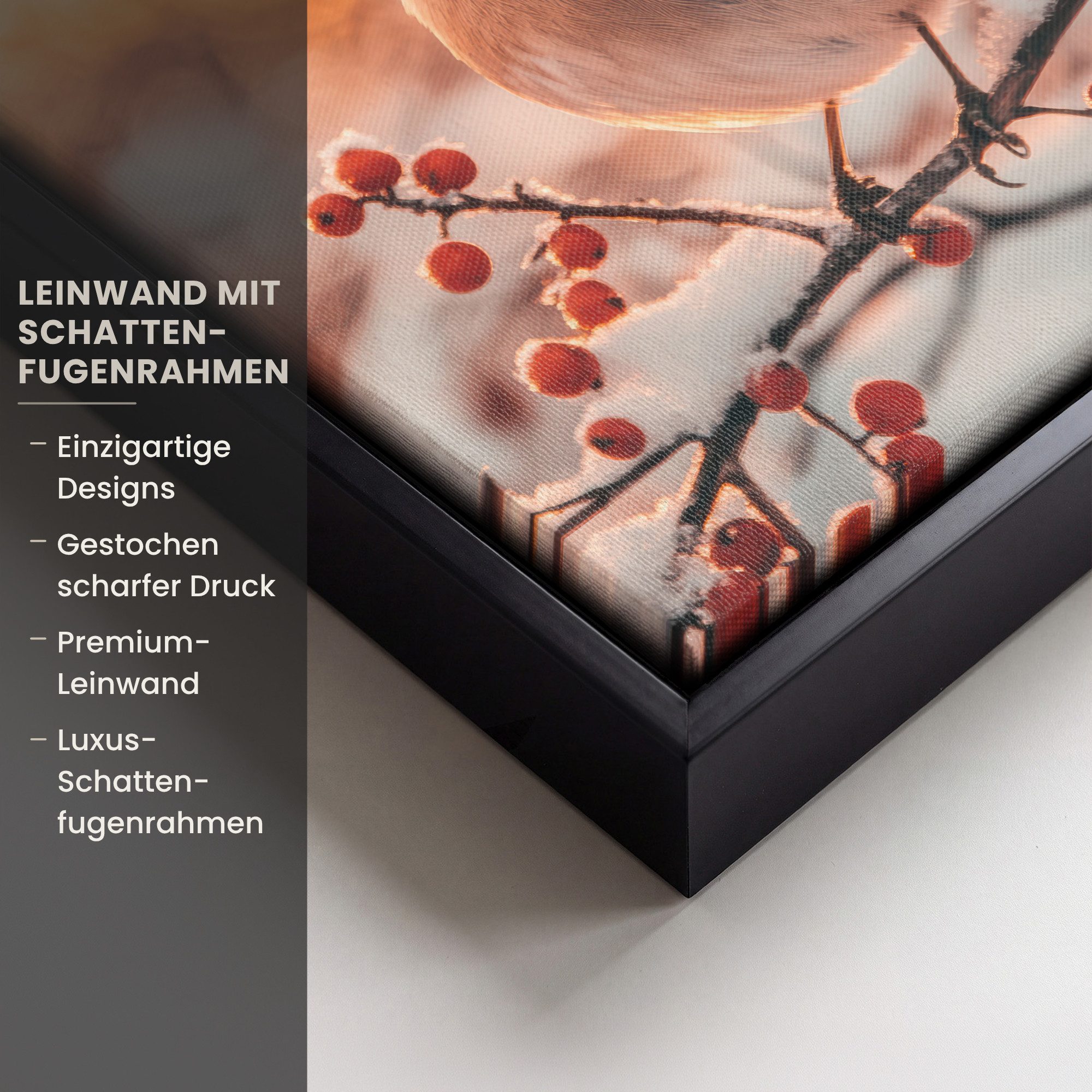 OneMillionCanvasses® Leinwandbild mit Rahmen - Vogel - Zweig - Winter - Tiere - Schnee, Fotodruck (1 St), Leinwand Bilder Klein, Wand Dekoration Aesthetic 20x20cm