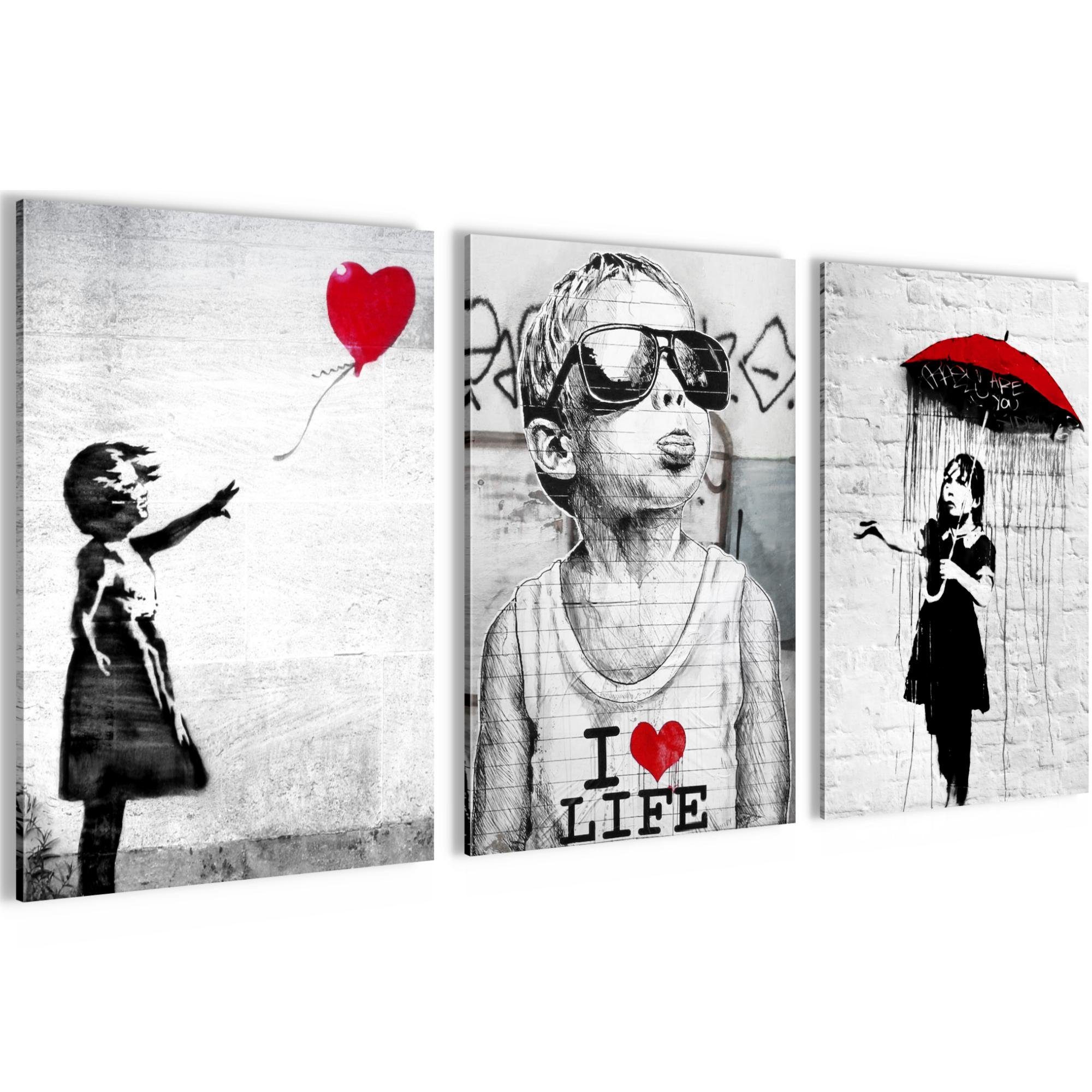 Novart Bild Wandbilder Set Banksy Style Collage - 3 Bilder Wohnzimmer Stree günstig online kaufen