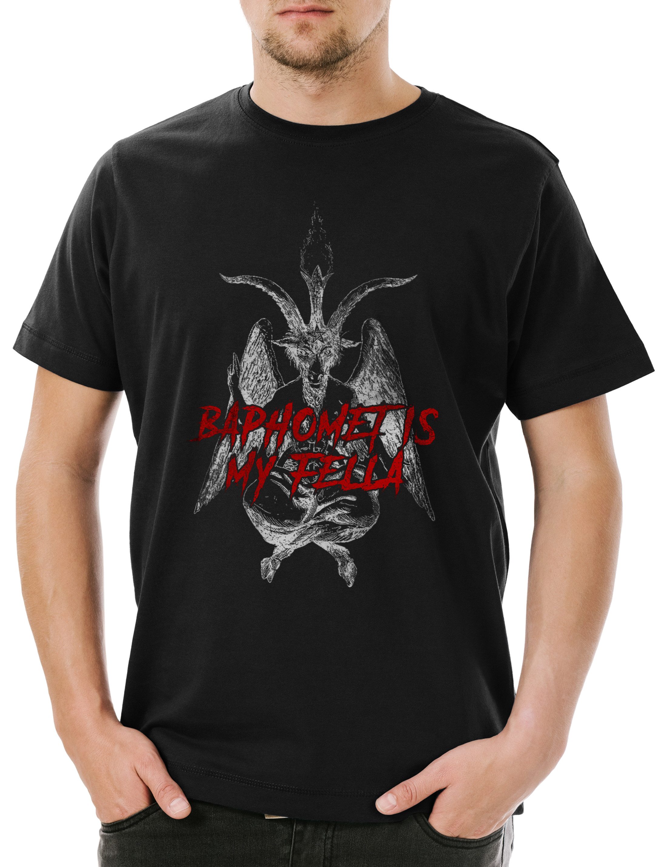 Urban Backwoods Print-Shirt Baphomet Is My Fella Herren T-Shirt Aleister Pentagram Religion 666 (1-tlg) Satan Crowley Teufel Devil