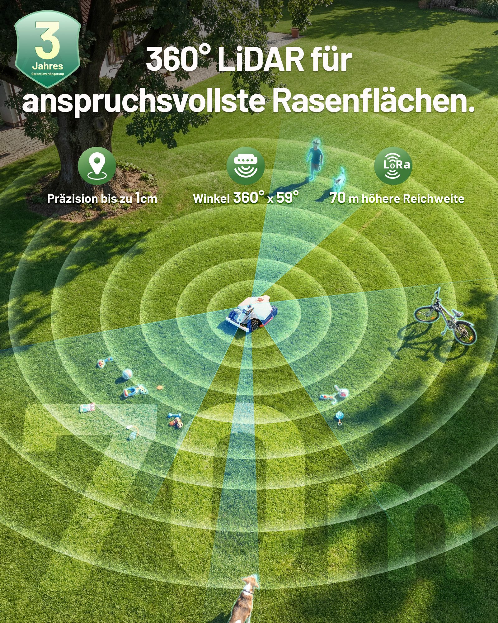 Mammotion Rasenmähroboter LUBA 3 AWD Mähroboter ohne Begrenzungskabel, bis 5000 m² Rasenfläche, (360° LiDAR+NetRTK+KI Vision Tri-Fusion-Positionierung, bis zu 50 Zonen), Allradantrieb, Auto-Kartierung, Rasenmuster erstellen, 4G-Modul, APP