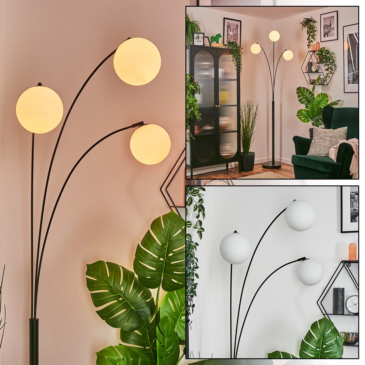 hofstein Stehlampe Stehlampe aus Metall/Milchglas in Schwarz/Weiß, verstellbare Stehleuchte im Vintage-Design, Fußschalter, 210 cm, 3xE14