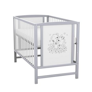 Baby-Delux Babybett Mia, Kinderbett 60x120 cm weiß grau höhenverstellbar, Kiefer Bärchen Motiv