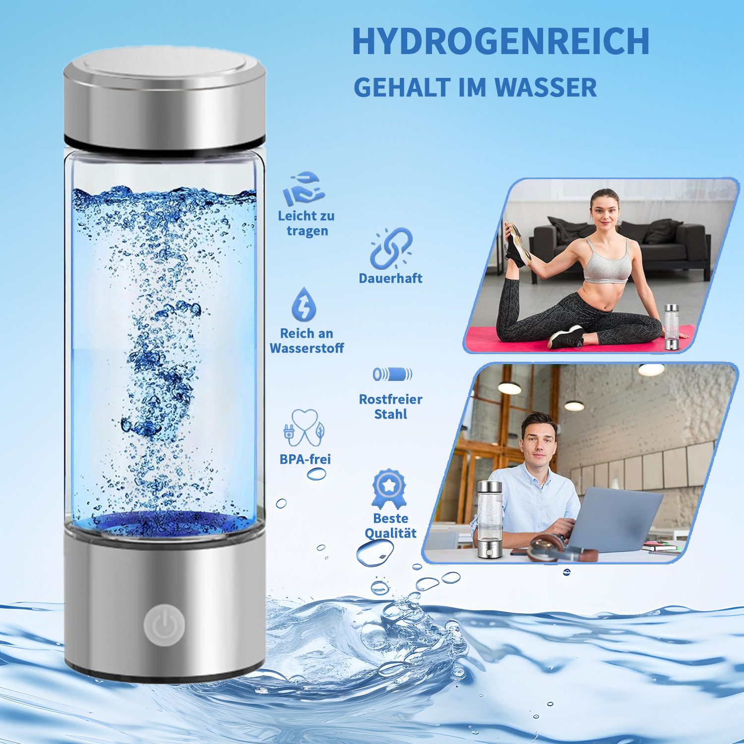 MOPUEA Trinkflasche Wasserstoff-Wassergenerator für Trinkwasser, Borosilikatglas, auslaufsicher und rutschfest