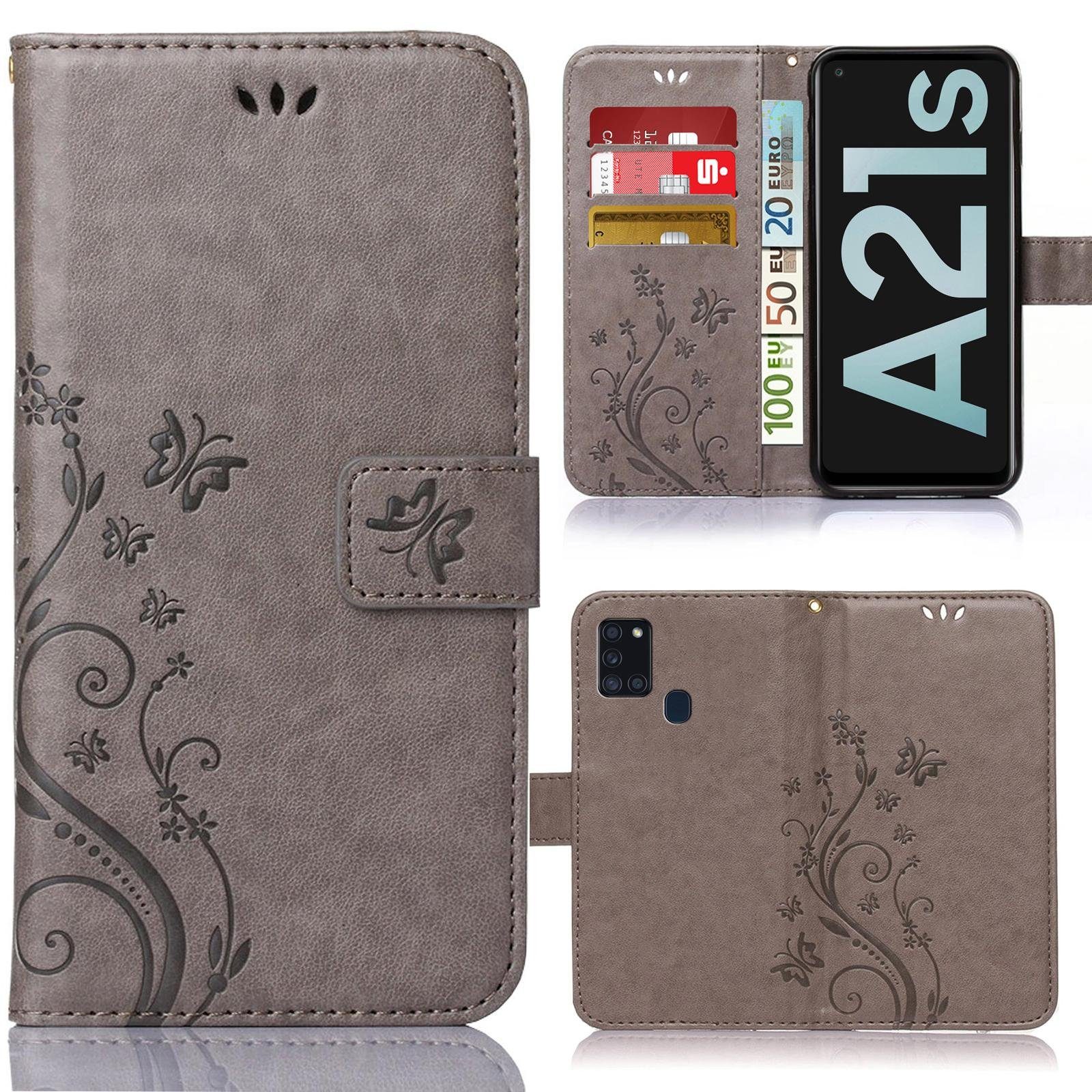 Numerva Handyhülle Bookstyle Flower Handytasche Schutzhülle für Samsung Galaxy A21s, Klapphülle Flip Cover mit Blumenmuster