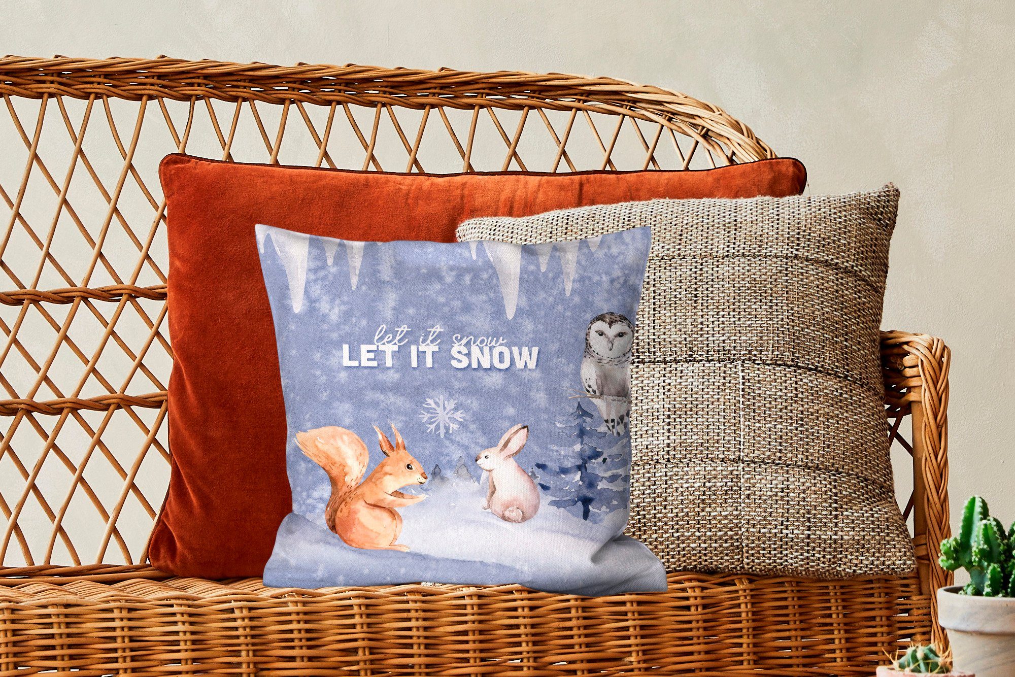 Eichhörnchen Winter für Schlafzimmer, MuchoWow - Wohzimmer, Füllung - - Deko, Hase, mit Dekokissen Sofakissen Eule Zierkissen