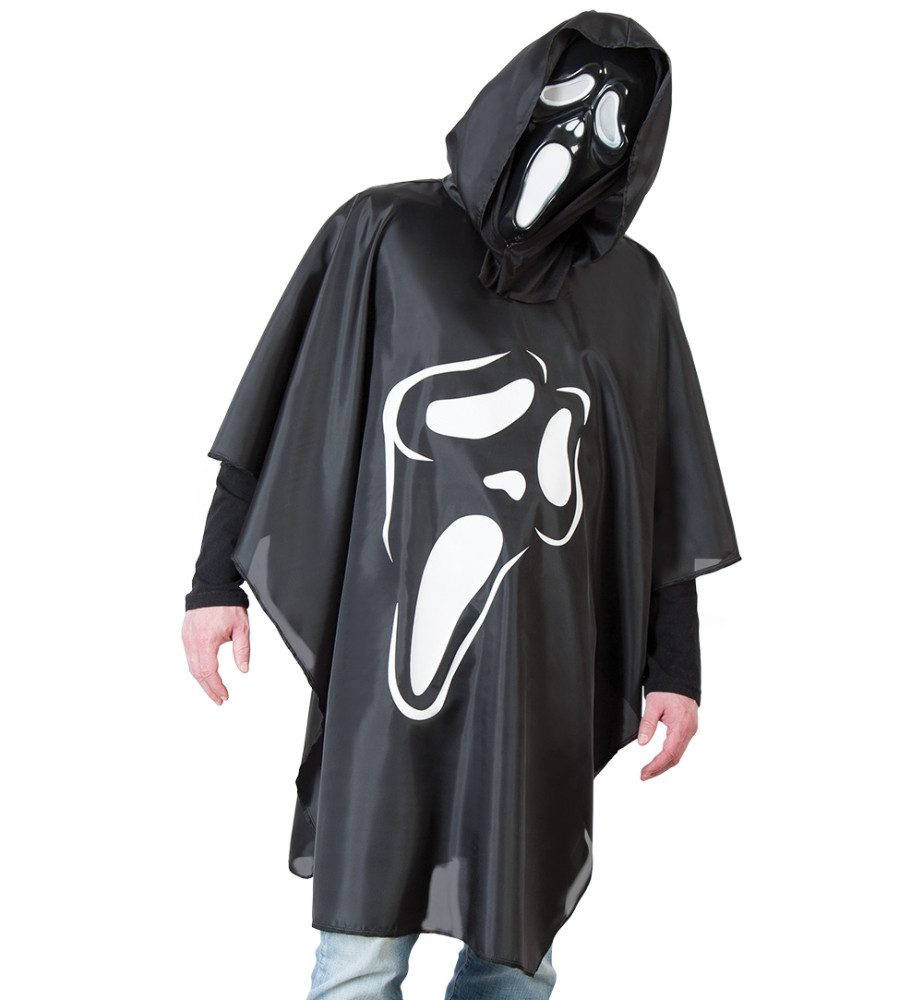 Kostüm Horror Cape Umhang Scary Schwarz mit Kapuze Halloween Karneval Party