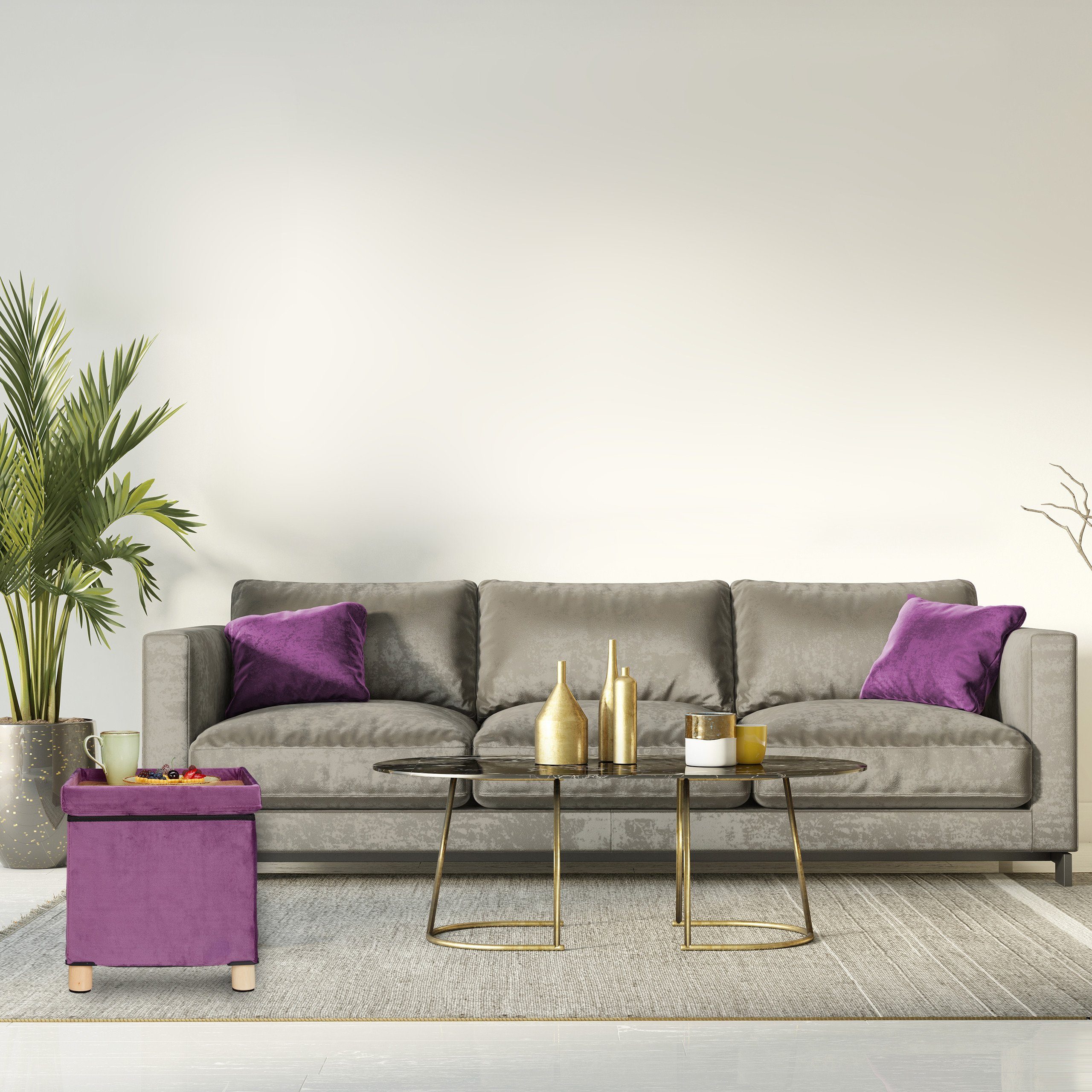 relaxdays Polsterhocker Samthocker mit Tablett, Mauve günstig online kaufen