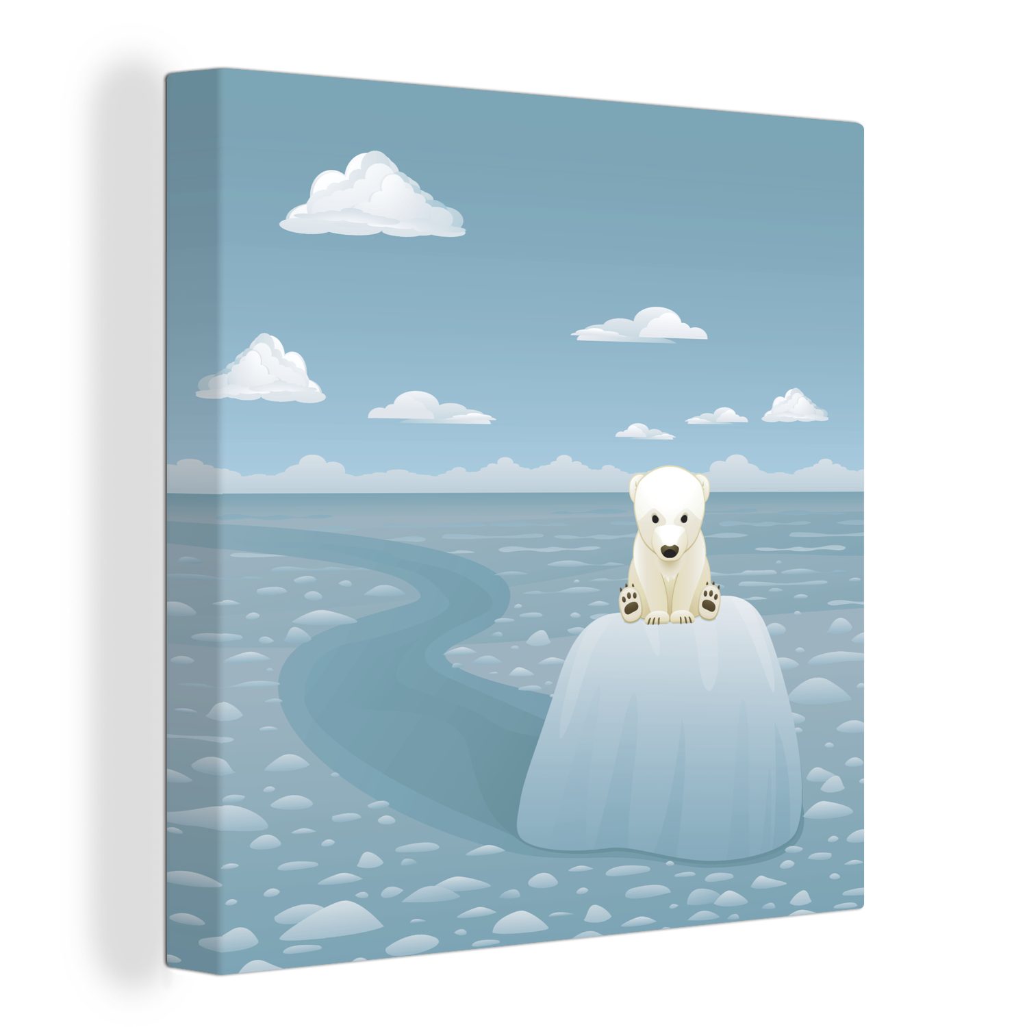 OneMillionCanvasses® Leinwandbild Illustration eines jungen Eisbären auf einem Eisblock, (1 St), Leinwand Bilder für Wohnzimmer Schlafzimmer