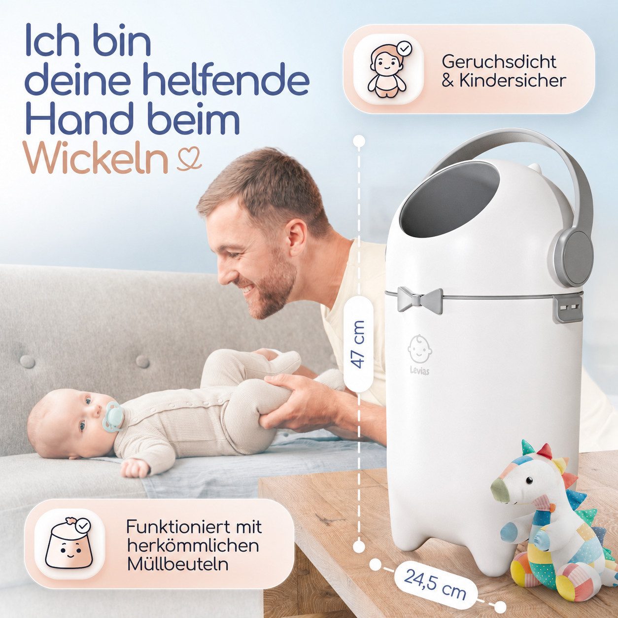 Levias Windeleimer Baby Mülleimer Windelmülleimer Geruchsdichter Wickeleimer, Geruchsdicht, ohne teure Nachfüllkassetten
