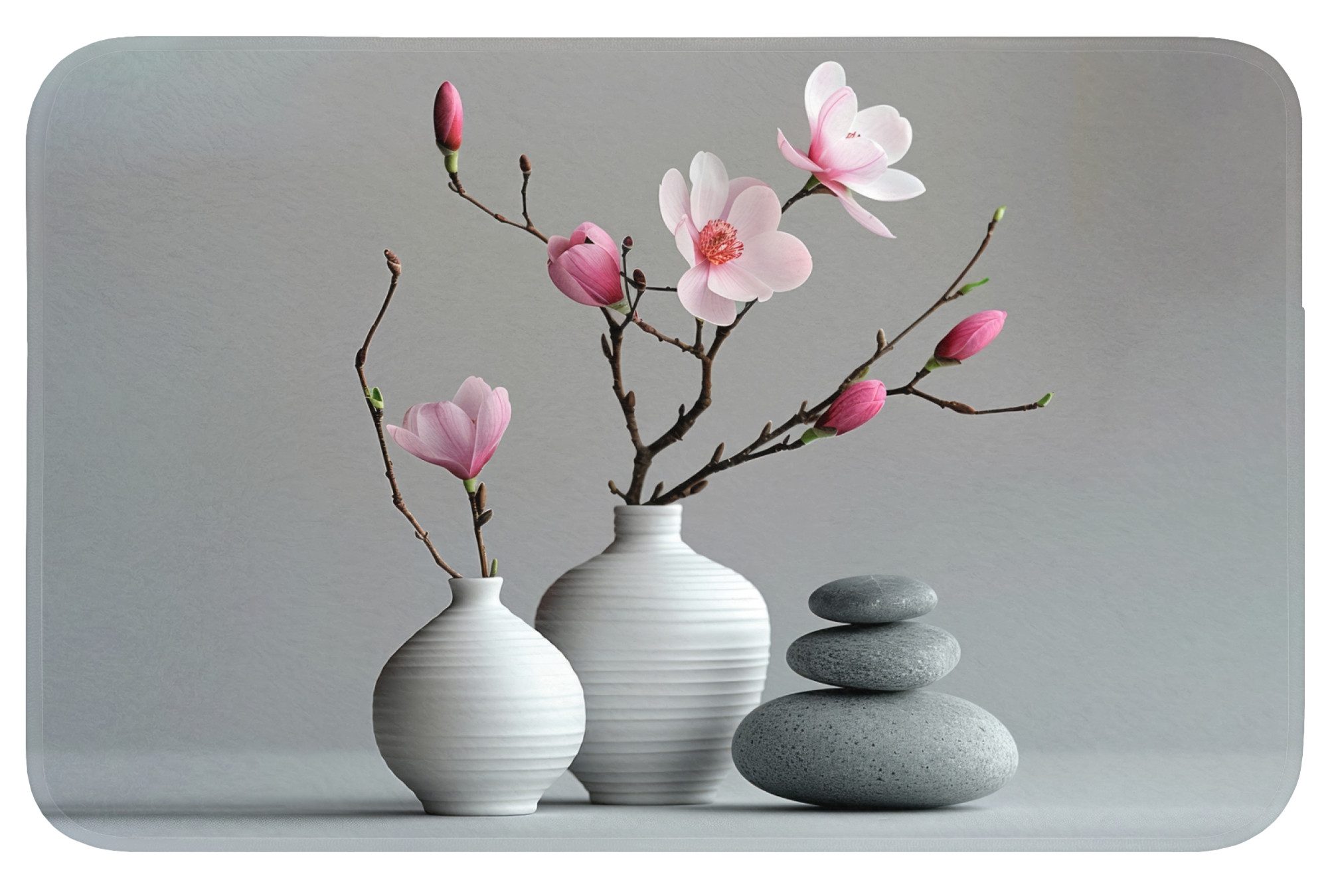 OnlyWow Badematte Magnolie - Blumen - Rosa - Zen-Steine, Höhe 10 mm, Polyester, Rechteckig, Badezimmerteppich, Badteppich, Rutschfest, Duschvorleger, Duschmatte