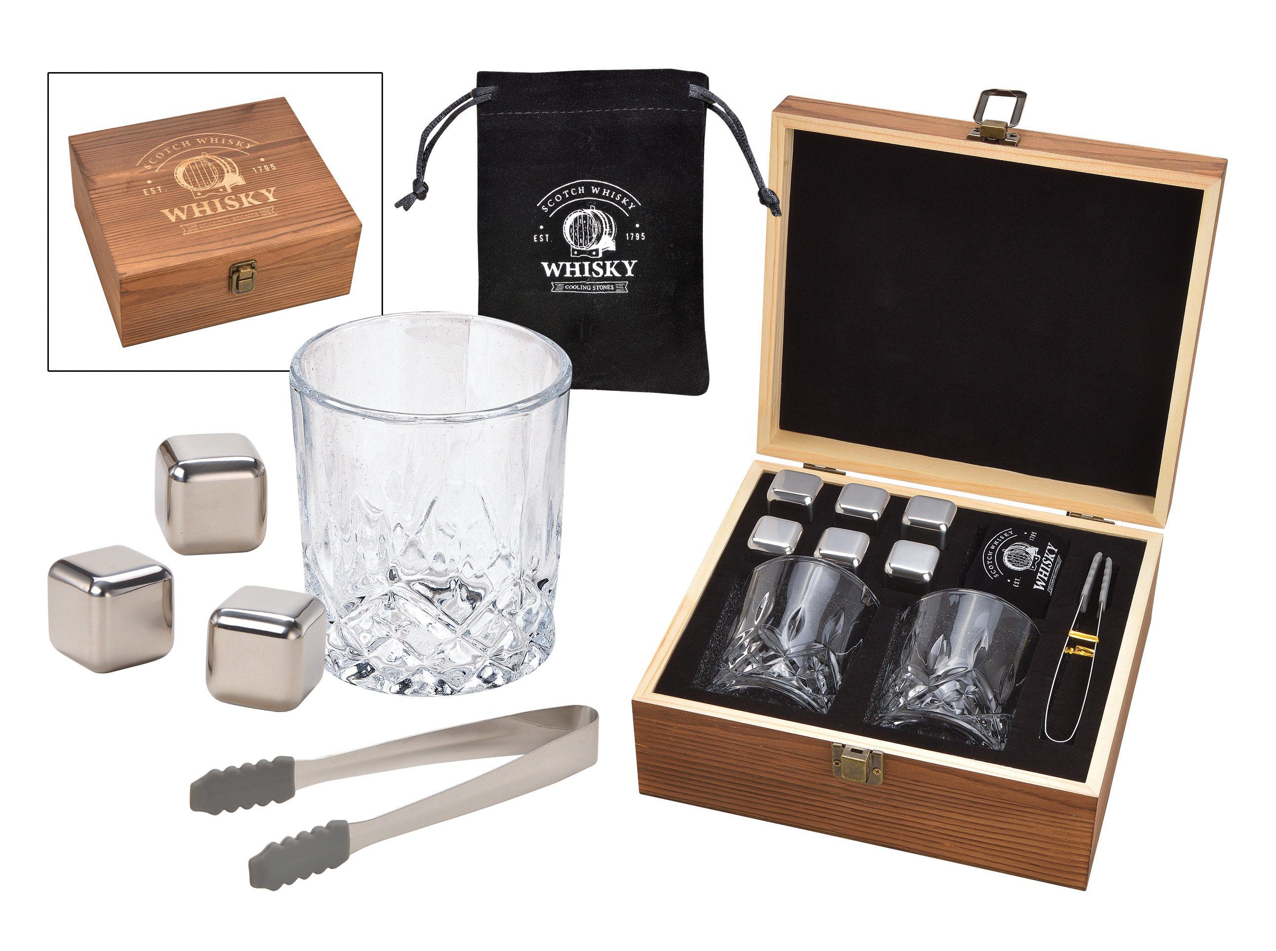 Gläser-Set Whisky Geschenk-Set mit 2 Gläsern, Edelstahl-Eiswürfeln, Zange