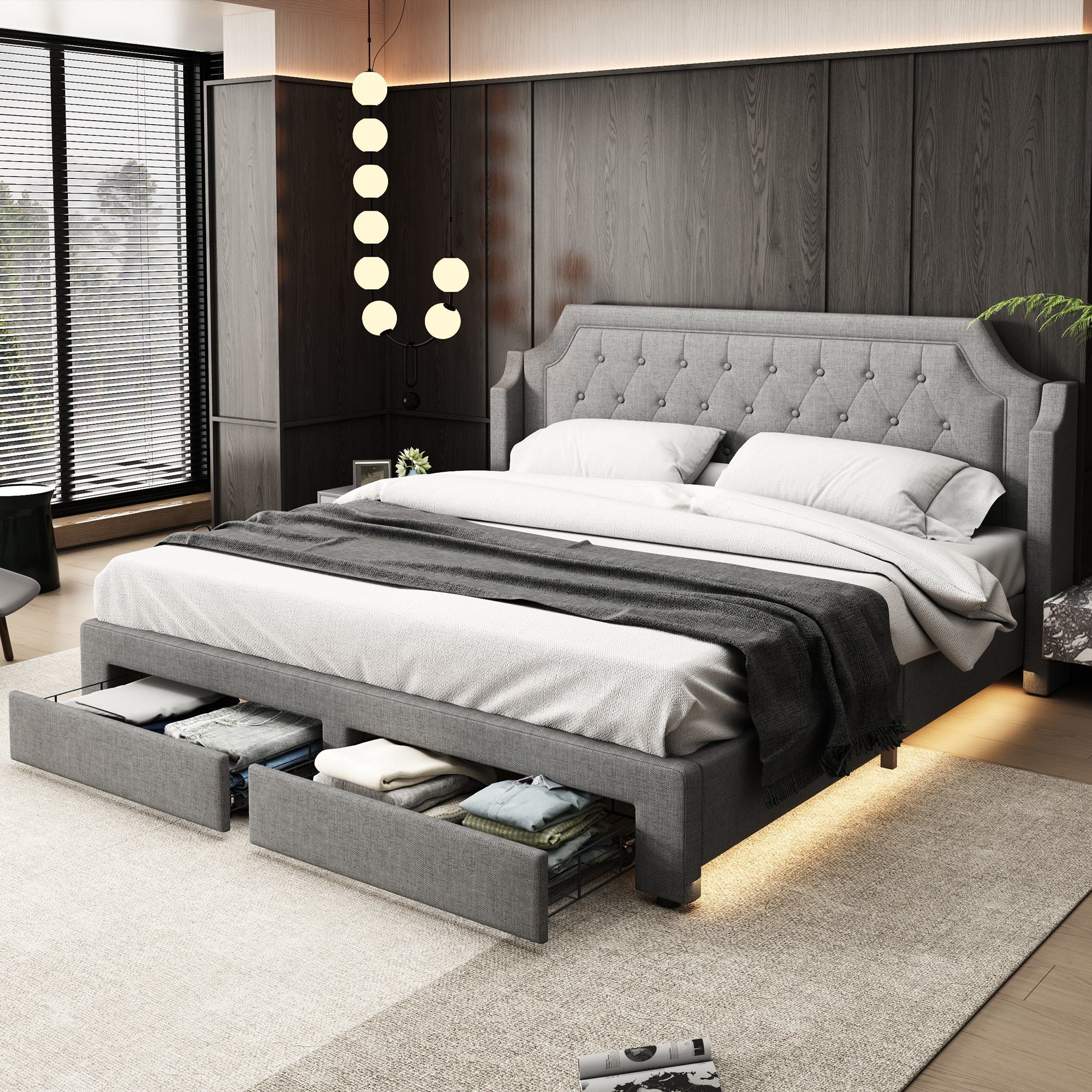 Polsterbett (mit Lattenrost und 2 Schubladen), Doppelbett 180x200 cm mit LED Beleuchtung, Bezug aus Leinen