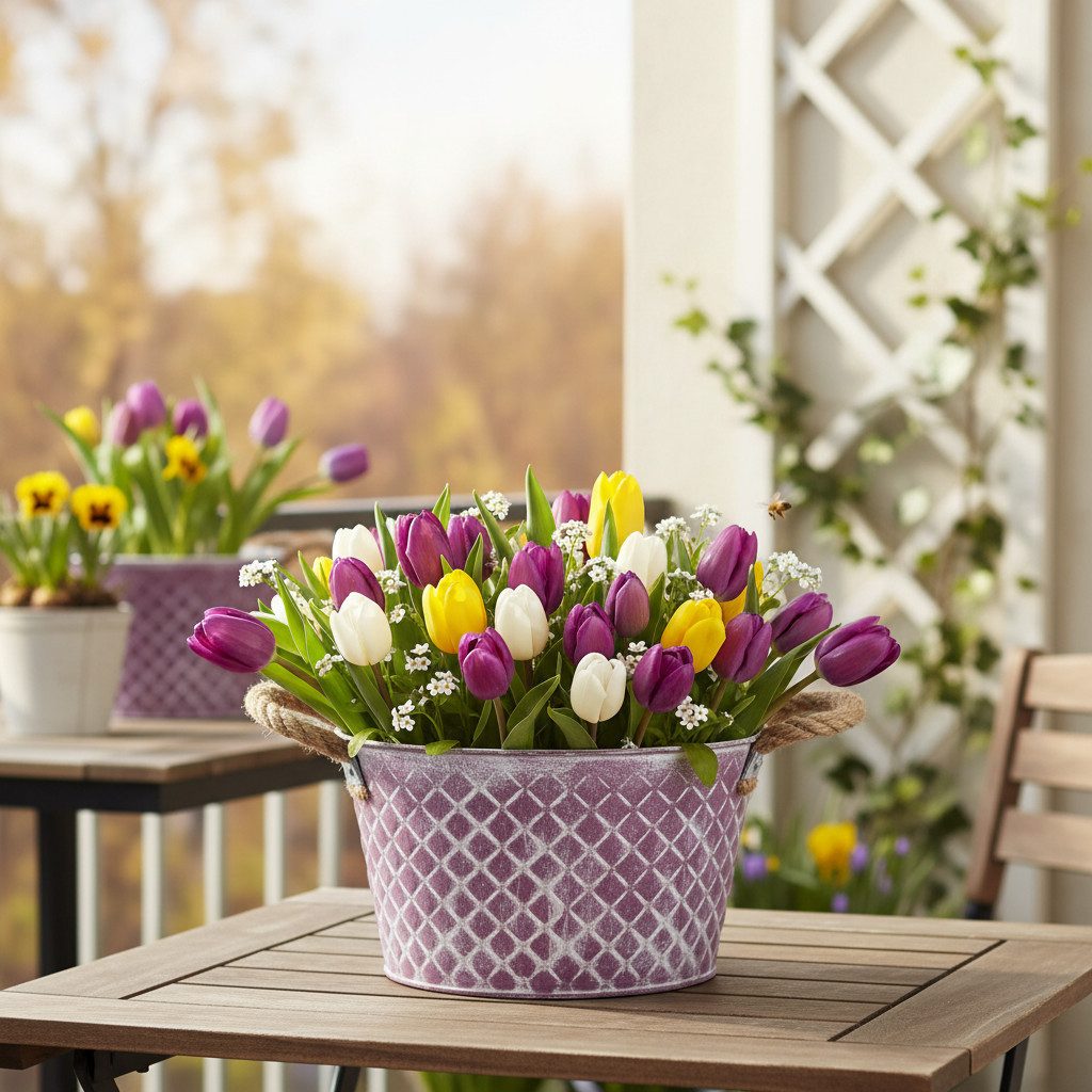 Florists Products Übertopf Zinkschale mit Rautenmuster und Seilgriffen, Frühling Deko